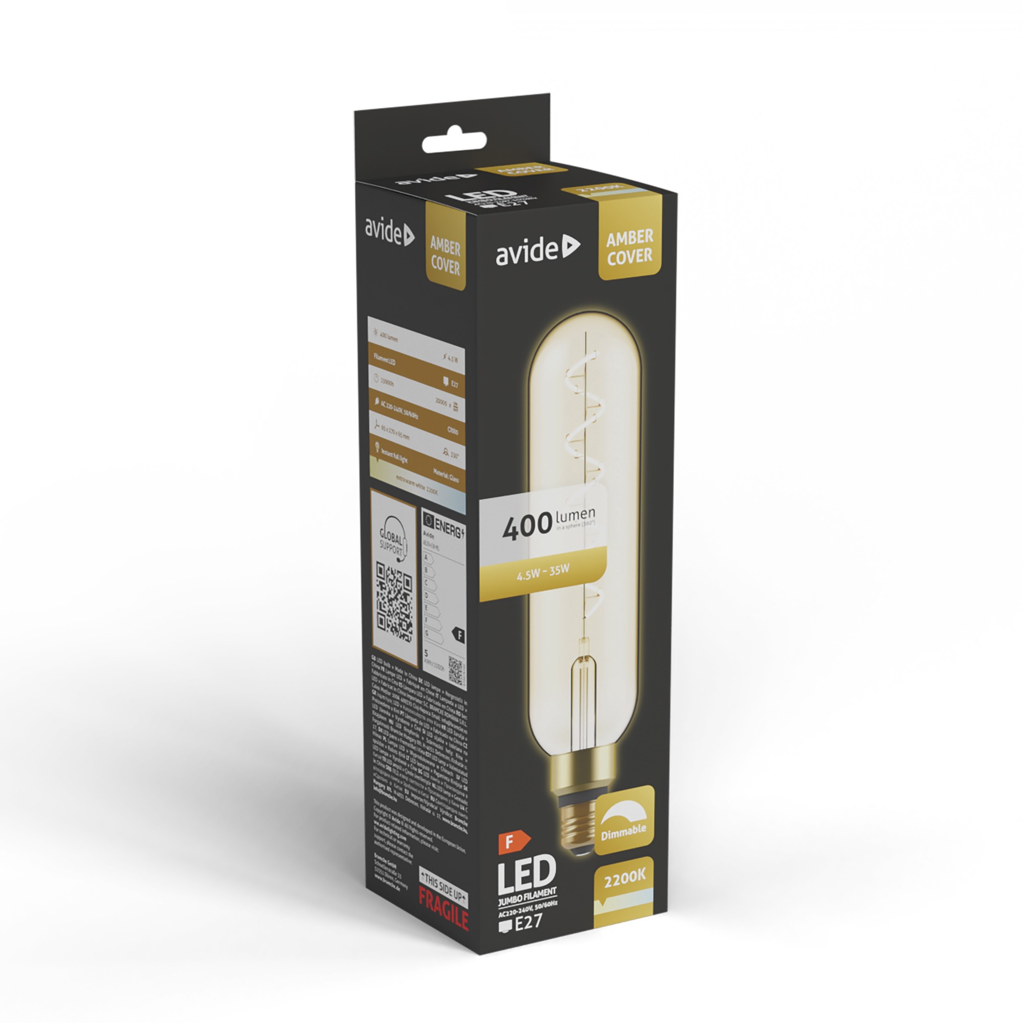 Avide LED izzó doboza, Borostyán borítás, 400 lumen, E27 foglalat, szabályozható, 2200K.
