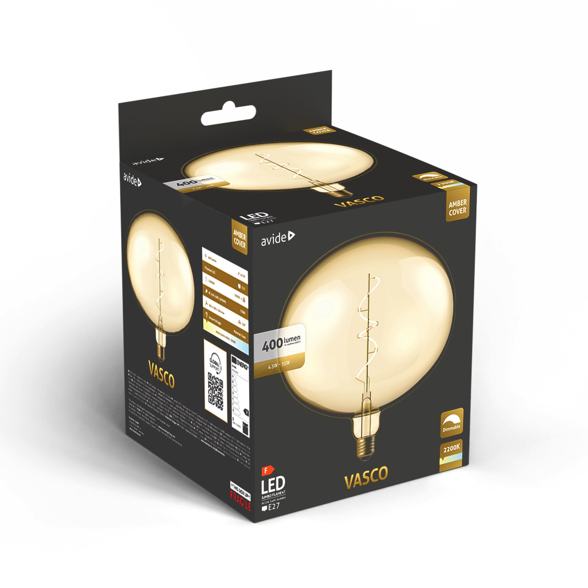 Amber Cover LED-izzó, Vasco modell, doboza 400 lumennel.