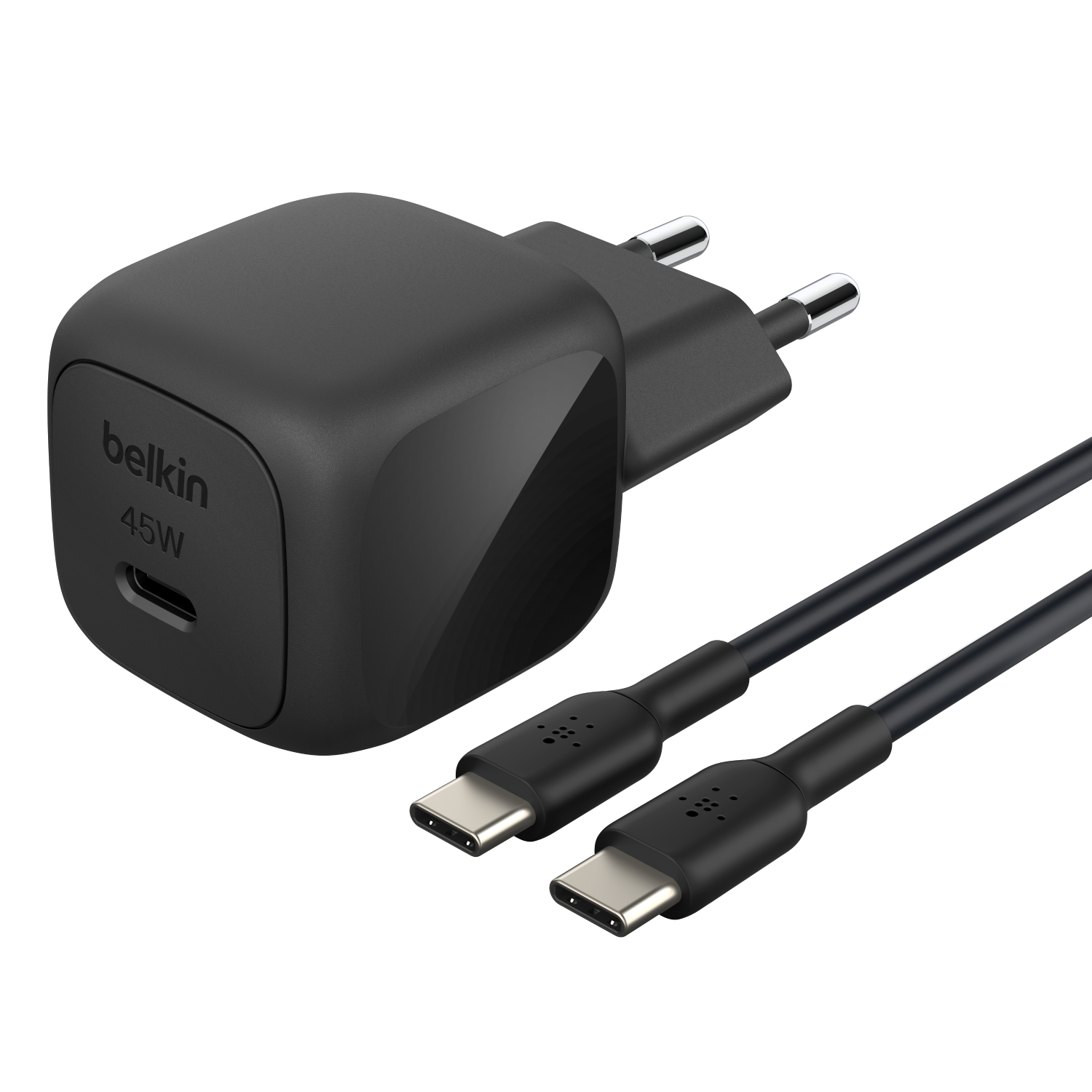 Cargador USB-C Belkin negro de 45W con dos cables USB-C a USB-C.