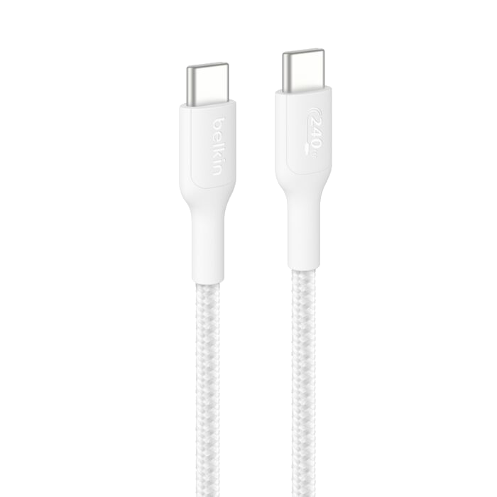 Dos cables USB-C blancos con cordón trenzado y conectores plateados.