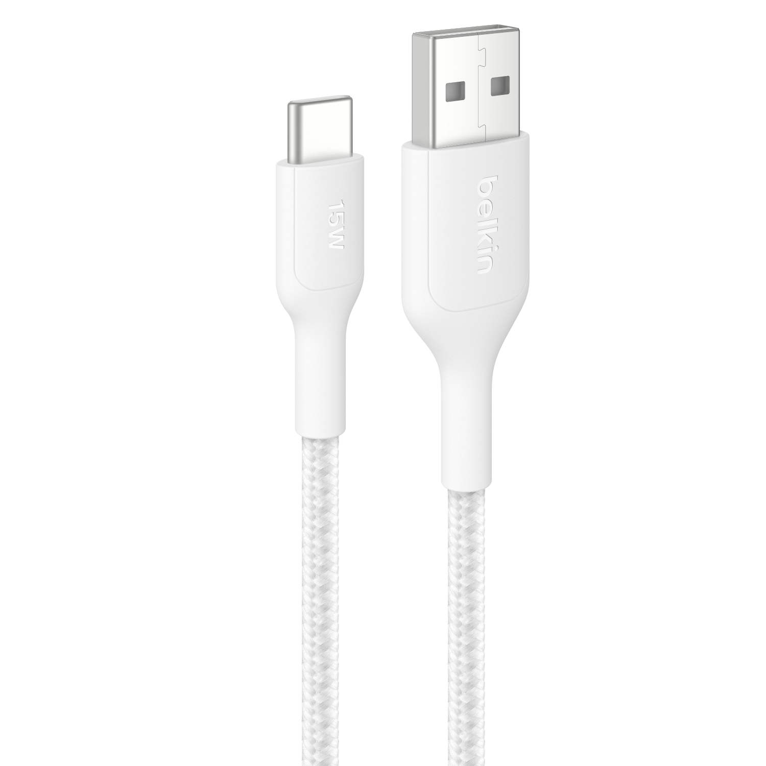 Cable blanco USB-C a USB-A con marca de 15W y logo Belkin.