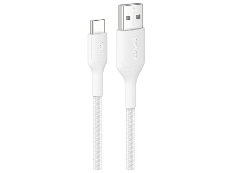 Cable USB - Belkin CAB022, 1 m, USB-A a USB-C, 15W, Trenzado, Blanco