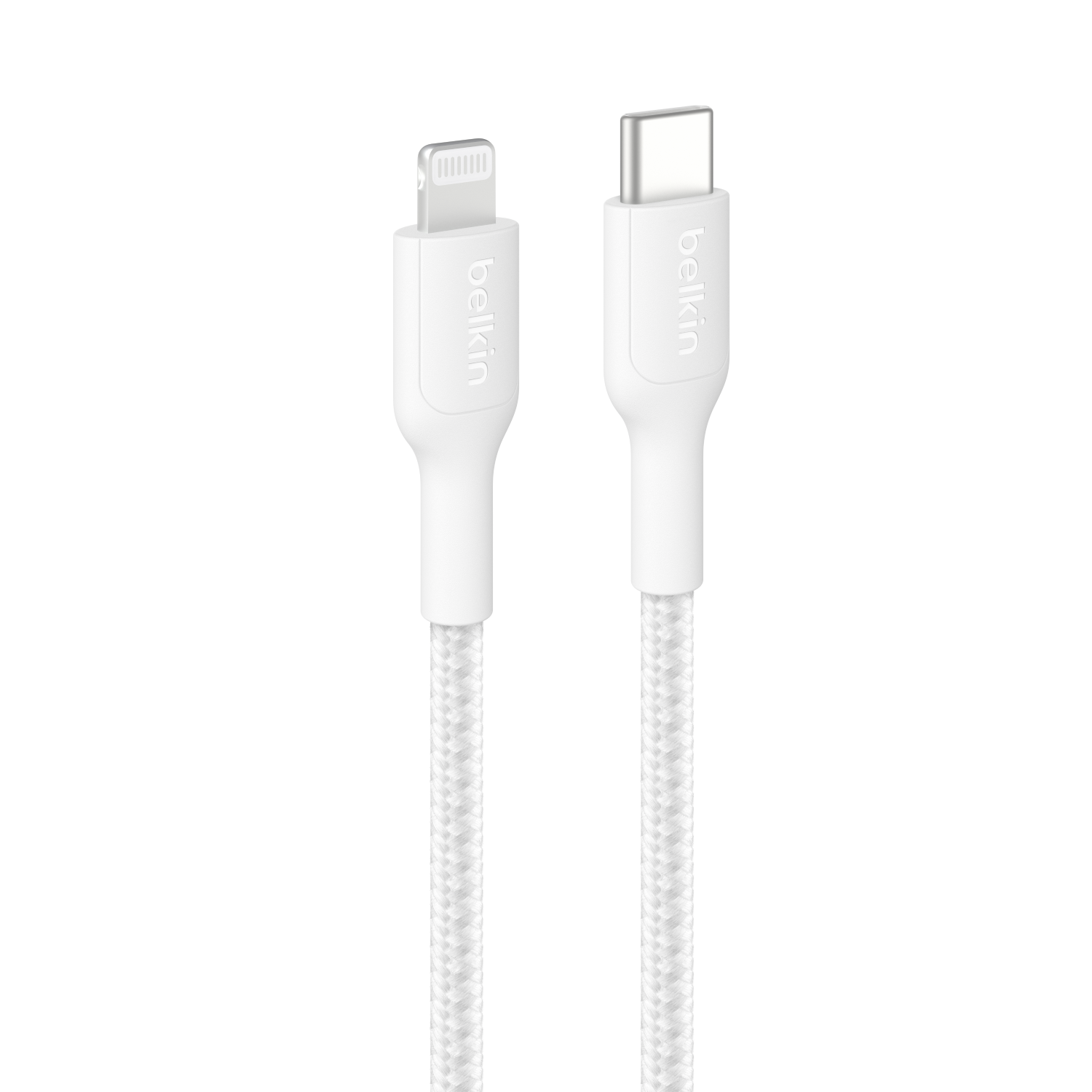Dos cables Belkin blancos con conectores Lightning y USB-C.
