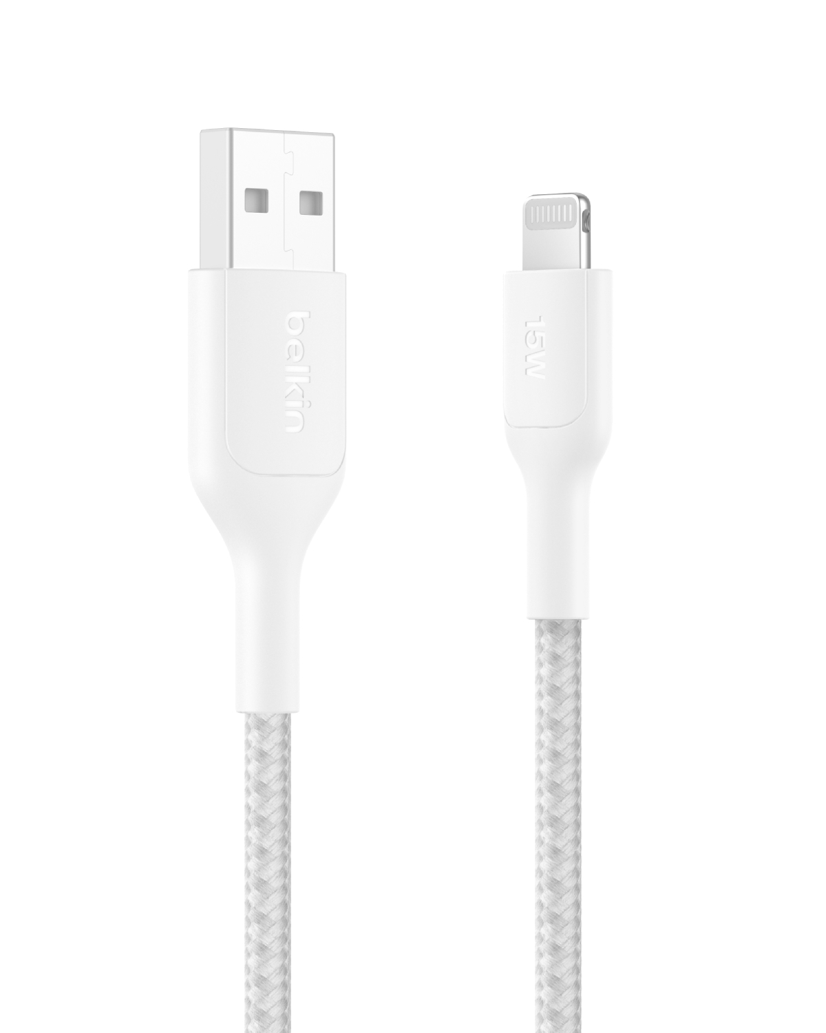 Un cable blanco USB-A a Lightning con tejido trenzado.