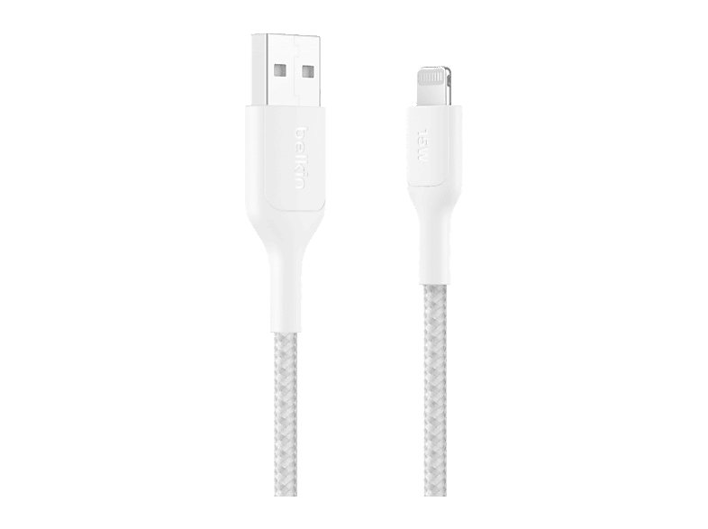 Cable USB-C a Lightning - Belkin CAA020, 1 m, Compatible con iPhone, USB-A conector Lightning, Trenzado, Blanco