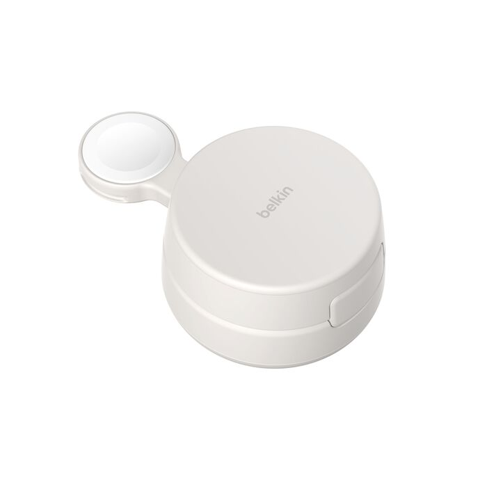 Un estuche de carga blanco para un smartwatch, sobre fondo blanco.