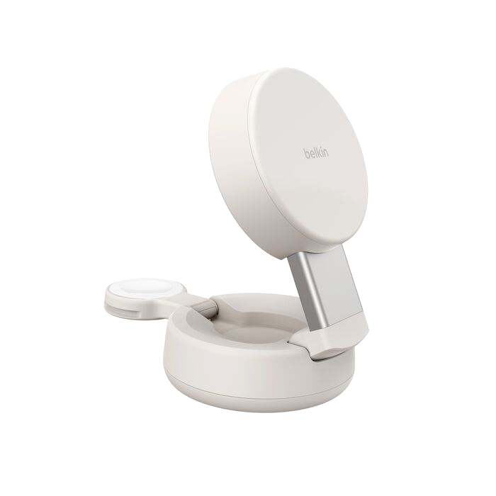 Un soporte de carga Belkin blanco con sección superior abatible y base redonda.