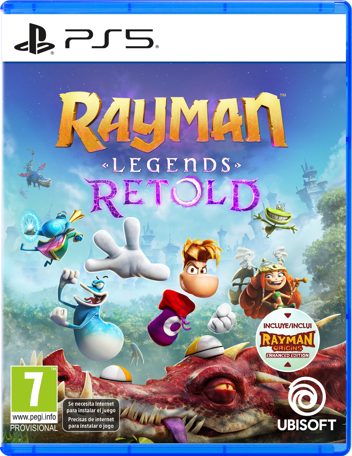Portada de Rayman Legends Retold PS5 con personajes y un dragón rojo.