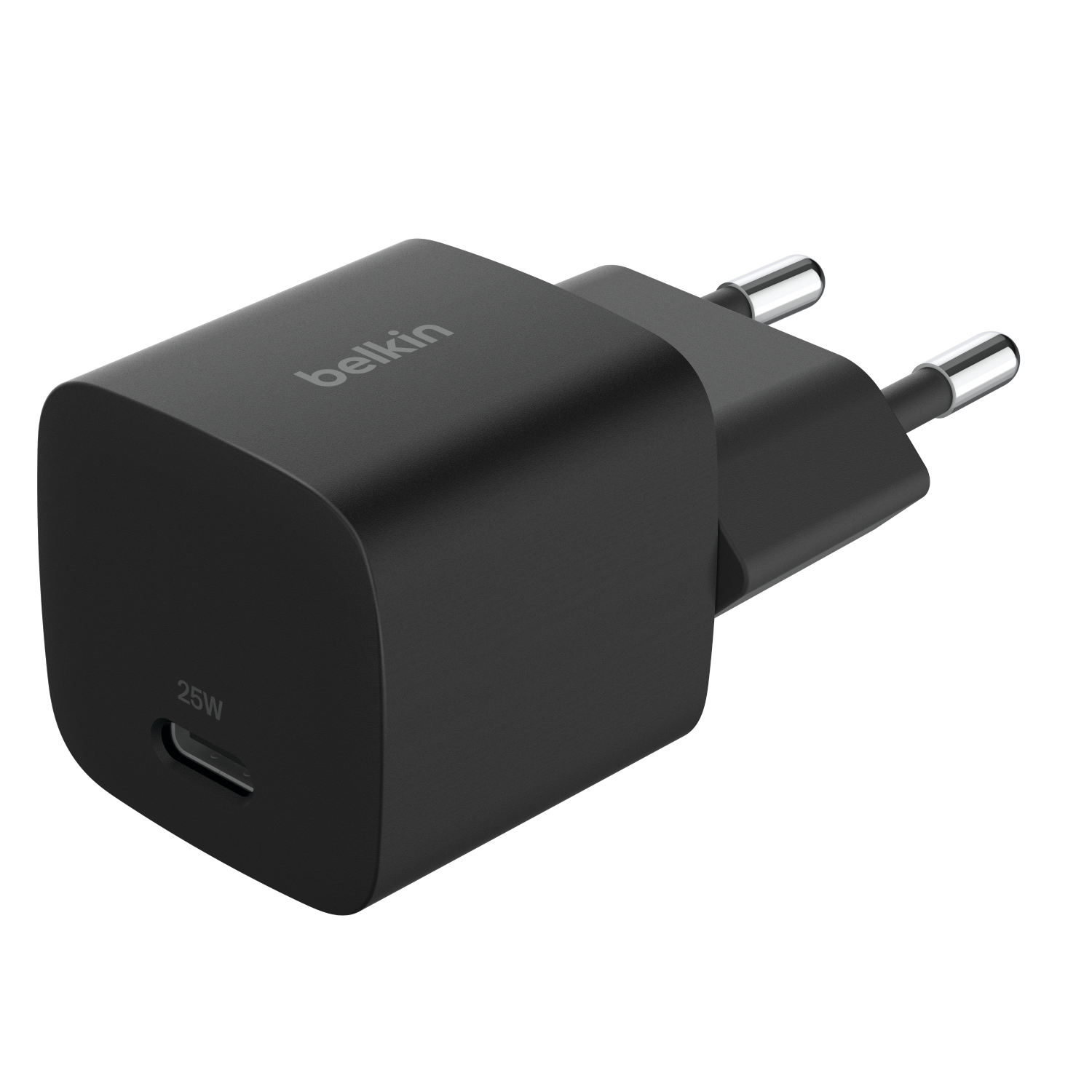 Cargador Belkin USB-C negro de 25W con dos clavijas metálicas.
