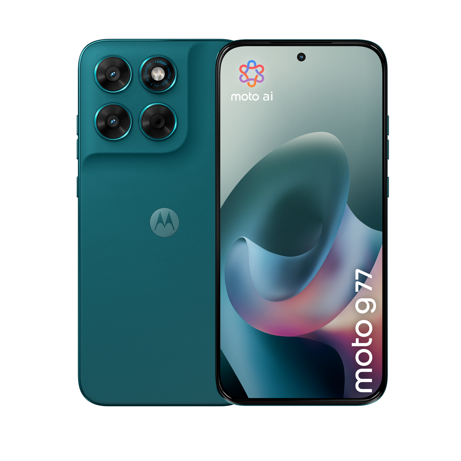 Un smartphone Motorola verde azulado con cuatro cámaras traseras y el texto 'moto 9 77' en pantalla.