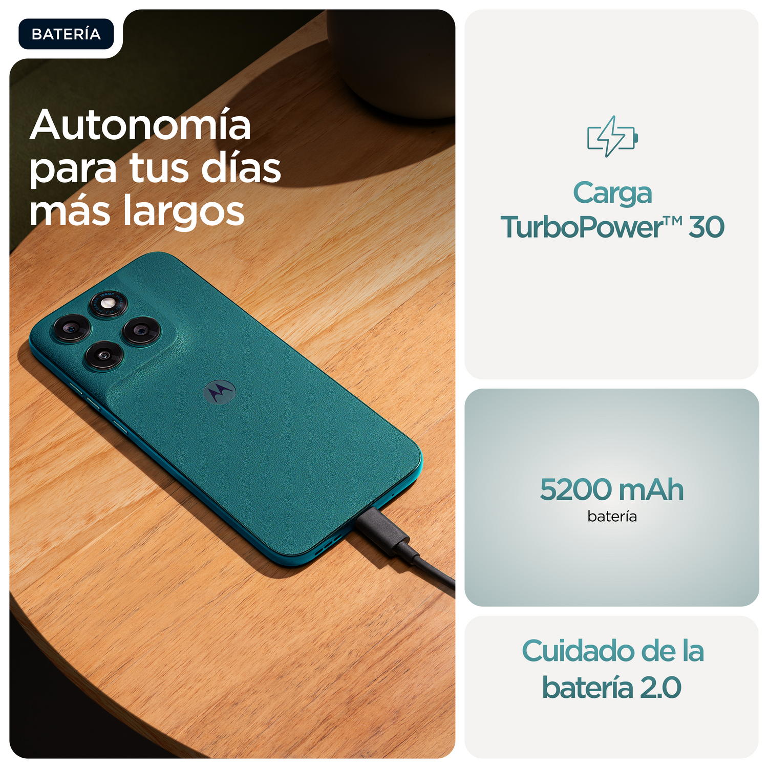 Un teléfono turquesa se carga en una mesa de madera. Texto: Batería, TurboPower 30, 5200 mAh.