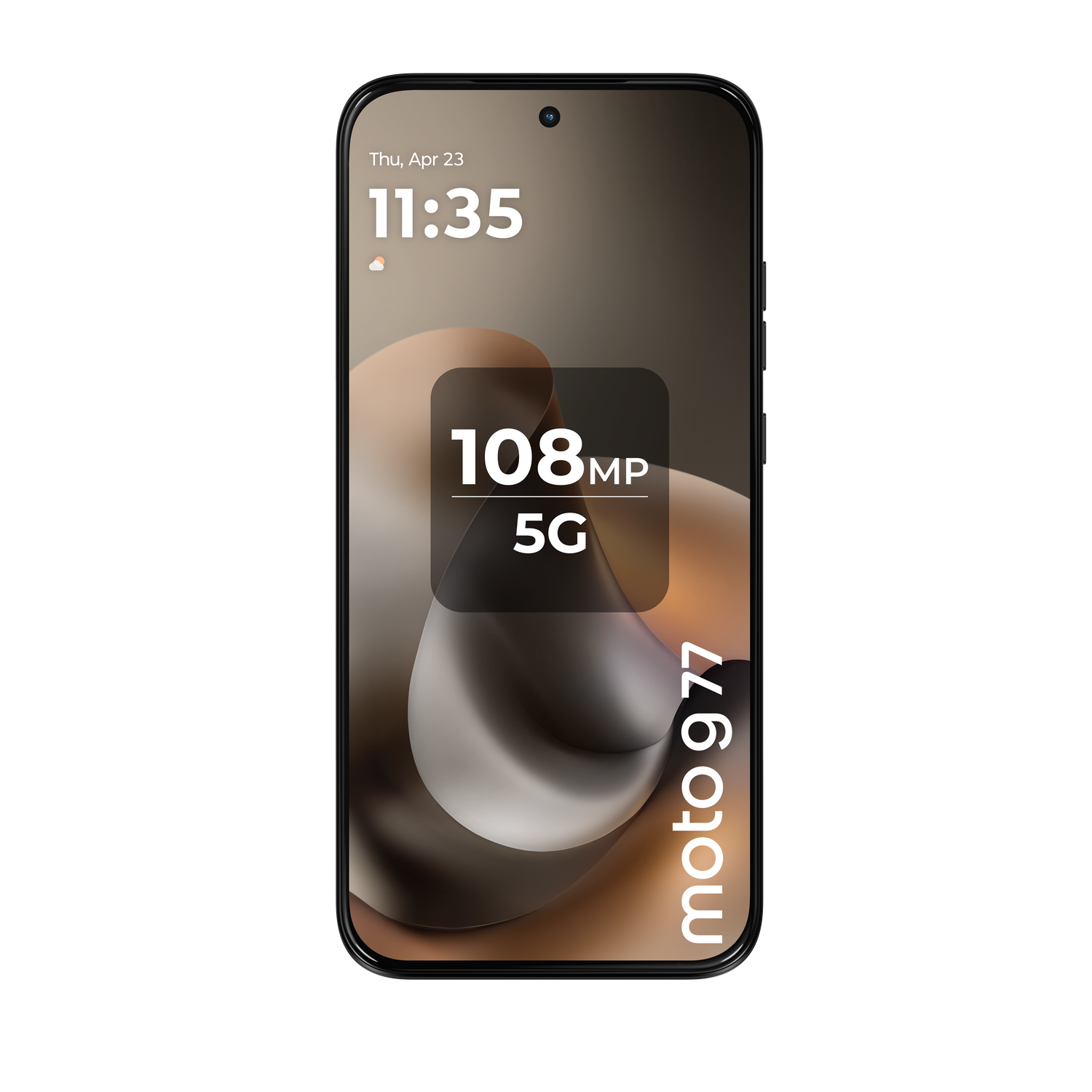 Un smartphone que muestra 108MP, 5G y el texto "moto g77".