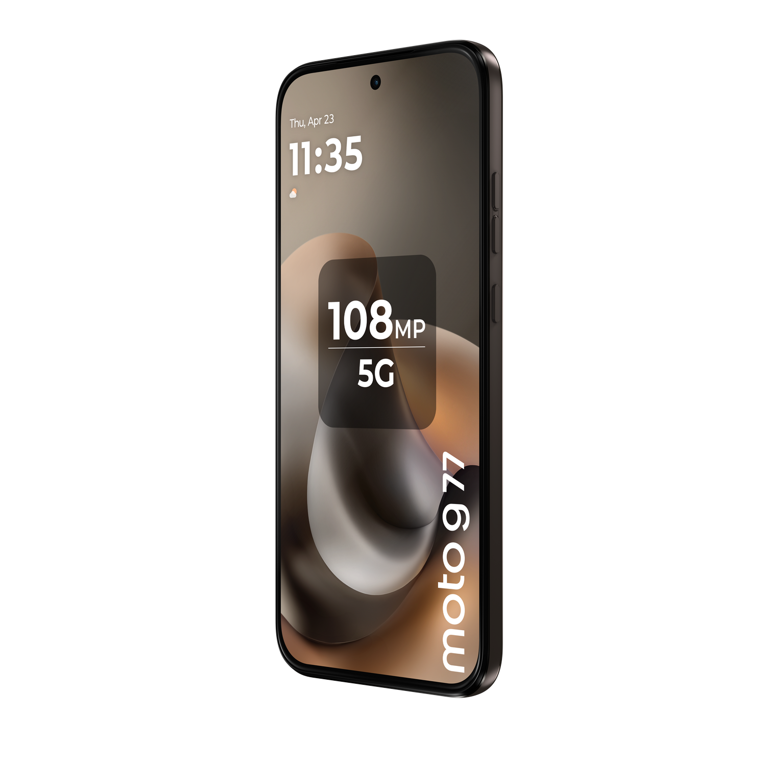 Un smartphone gris oscuro muestra '108MP 5G' y 'moto g77' en su pantalla.
