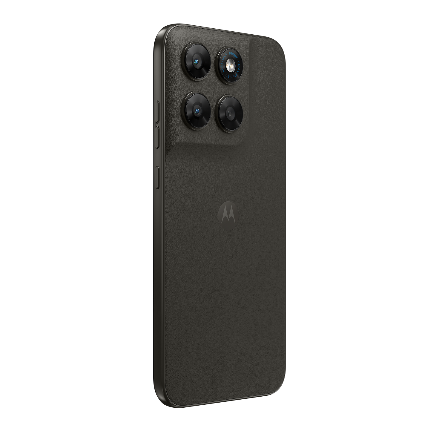 Un smartphone Motorola gris oscuro con cuatro cámaras traseras y acabado texturizado.