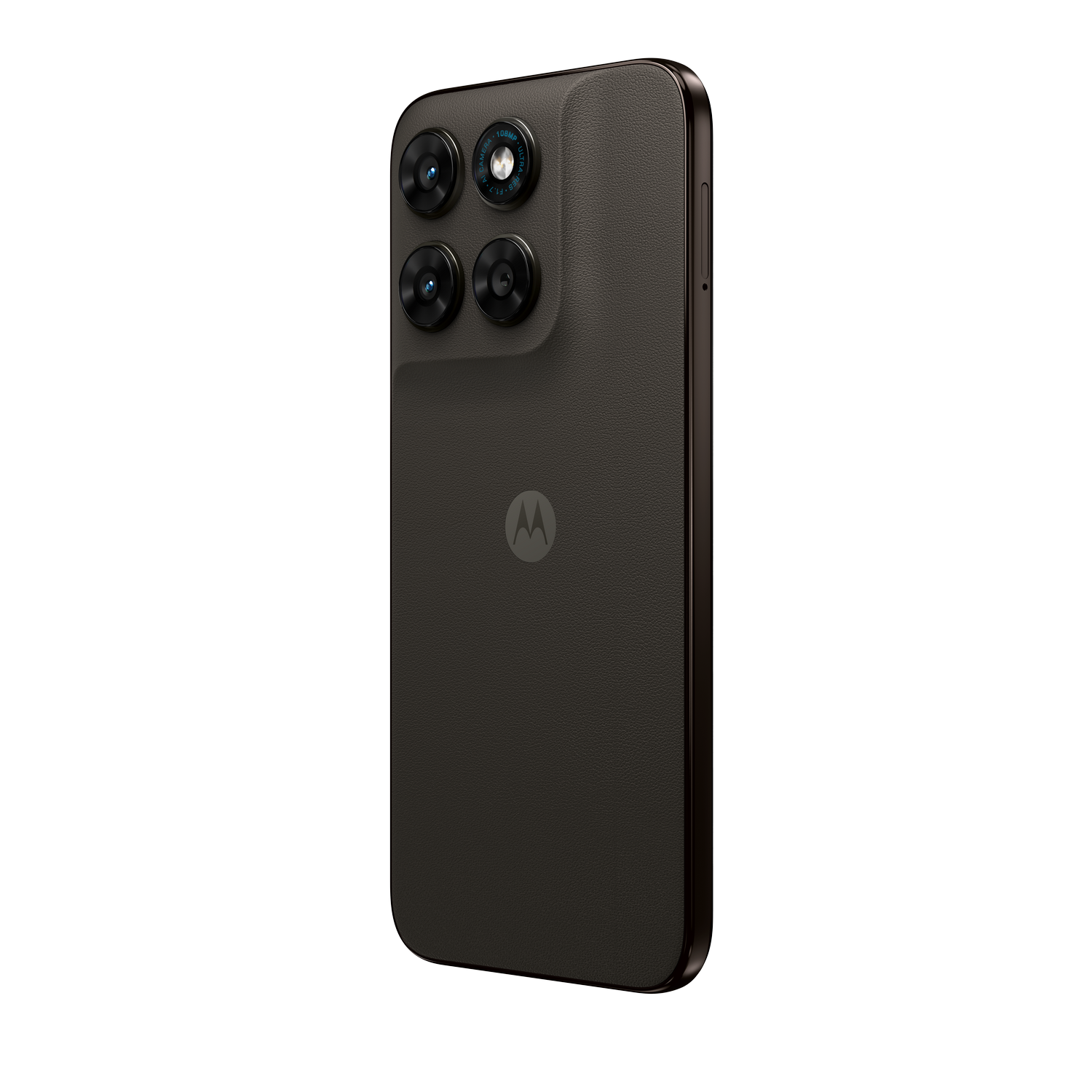Teléfono inteligente oscuro con cuatro cámaras traseras y logotipo de Motorola.