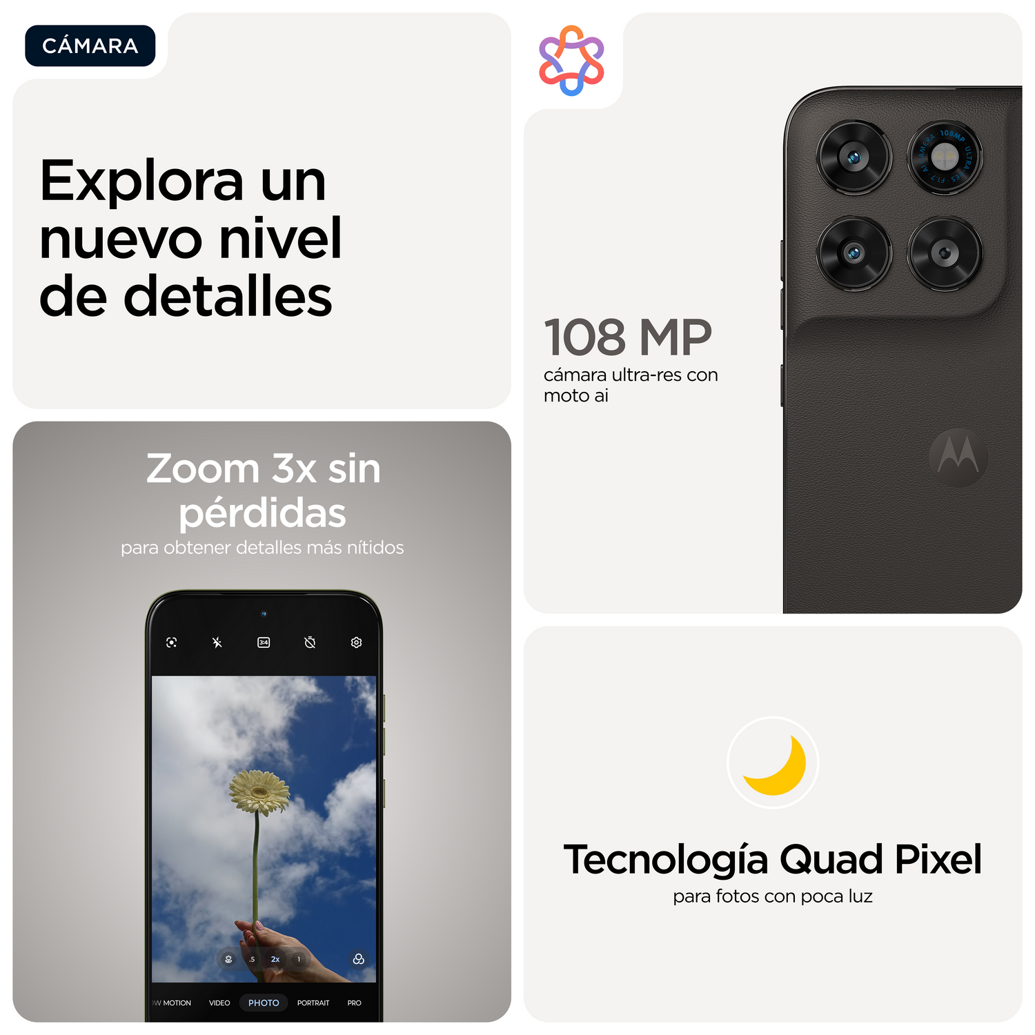 Un smartphone con cámara de 108 MP, zoom 3x y tecnología Quad Pixel para fotos nocturnas.