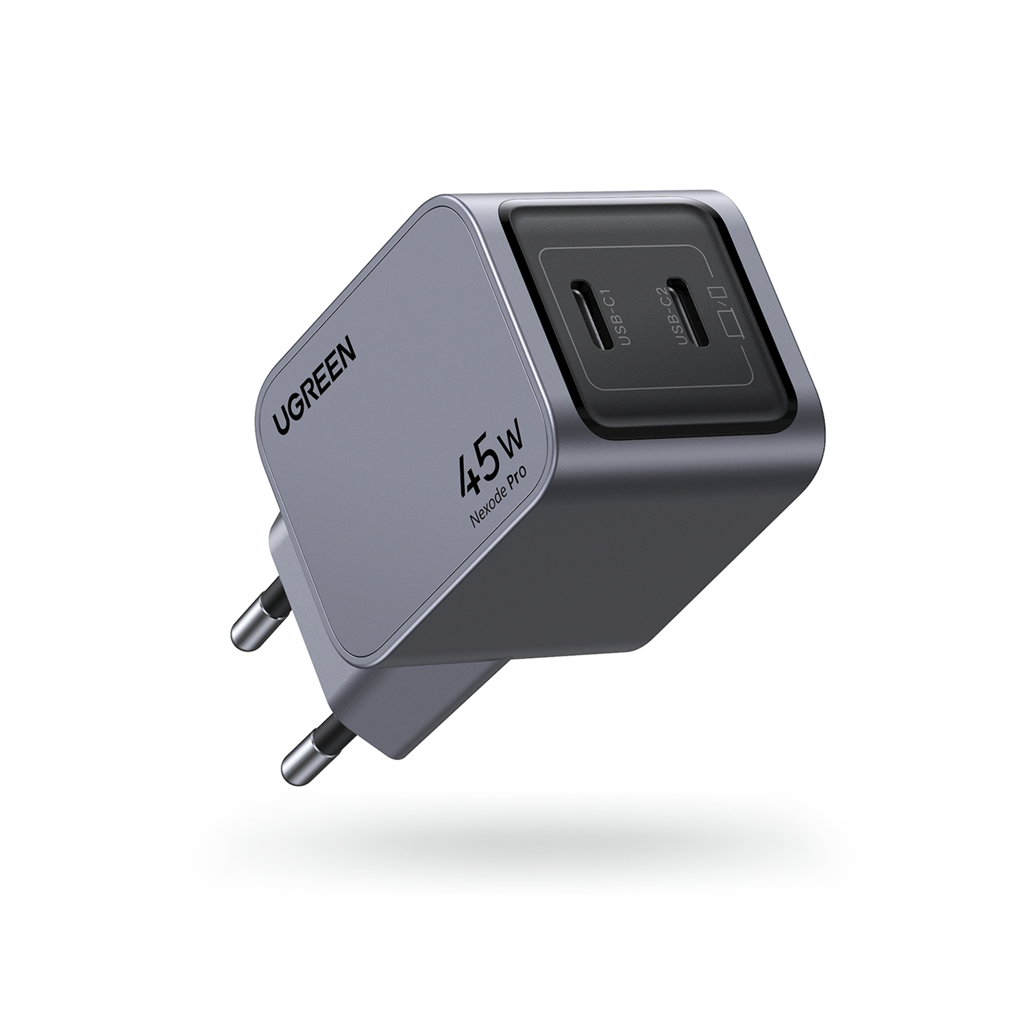 Caricatore UGREEN 45W Nexode Pro grigio con due porte USB-C e spina UE.