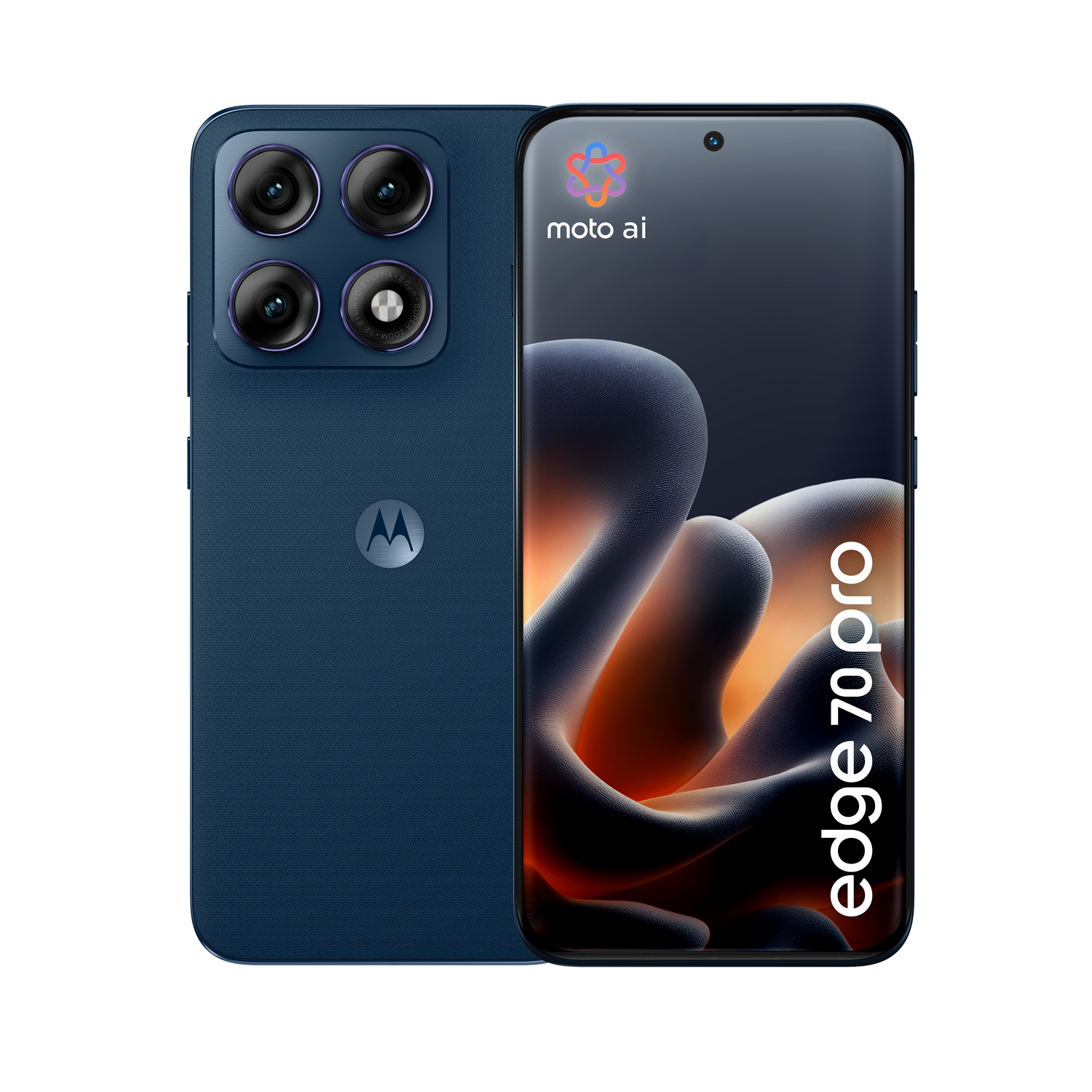 Teléfono inteligente Motorola Edge 70 Pro azul oscuro con cuatro cámaras y logo.