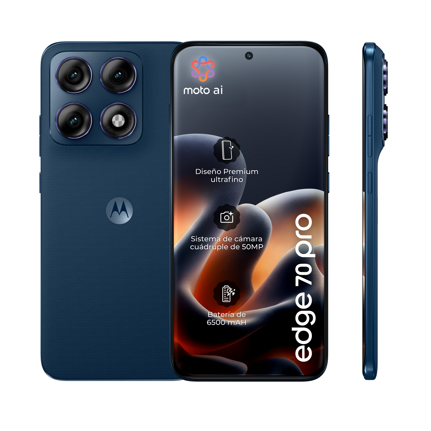 Un Motorola Edge 70 Pro azul con cuatro cámaras y batería de 6500 mAh.