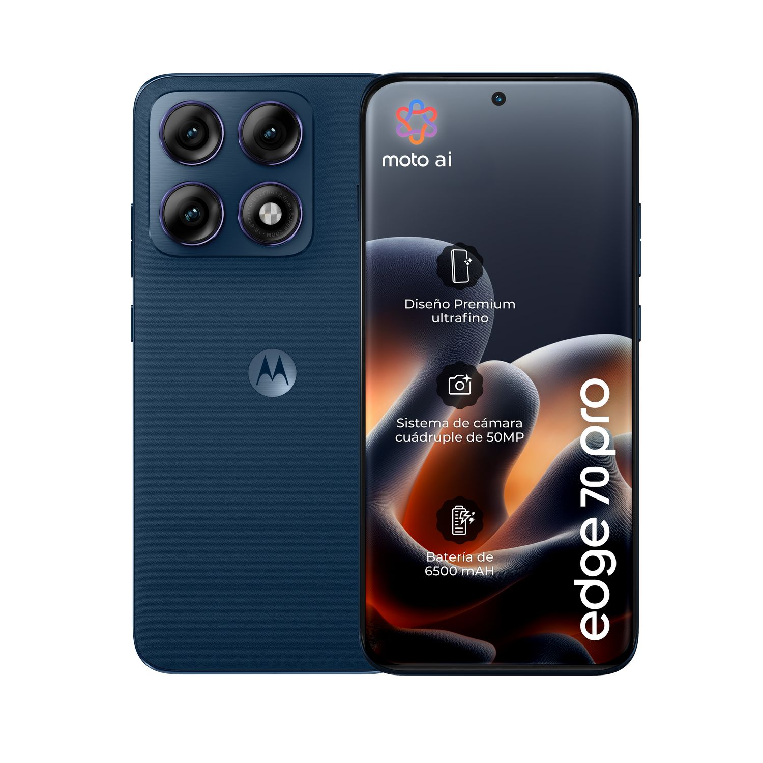 Un teléfono Motorola Edge 70 Pro azul con cuatro cámaras en la parte trasera.