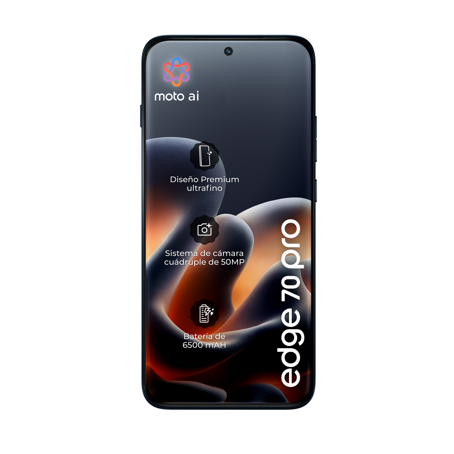 Un fondo negro muestra un smartphone con "moto ai" y "edge 70 pro".