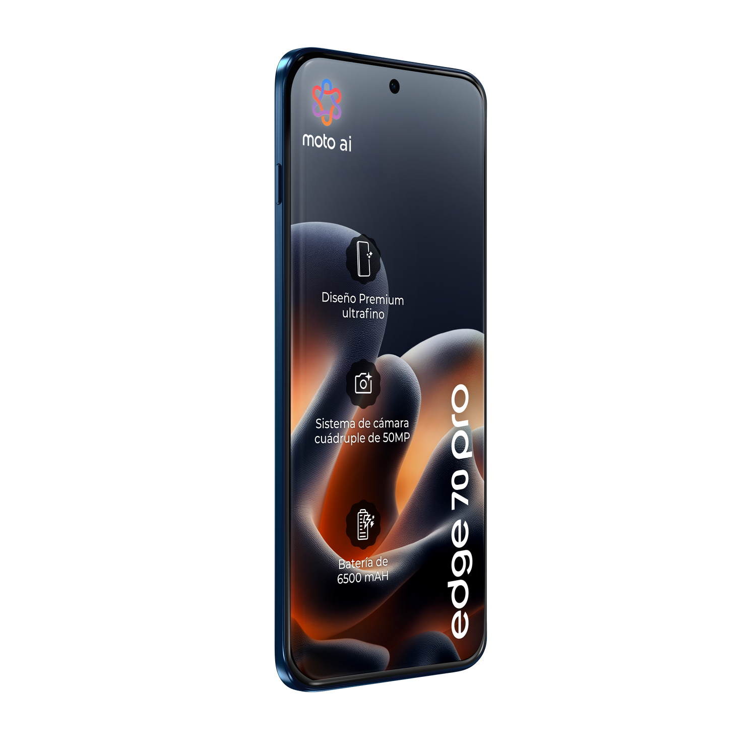 Un Motorola Edge 70 Pro azul con logo Moto AI y especificaciones.