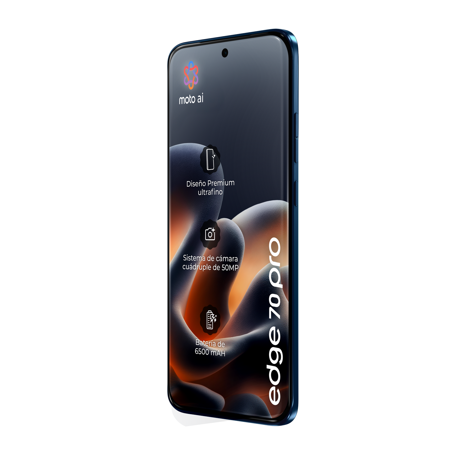 Un smartphone azul con branding 'moto ai' y 'edge 70 pro'. Características: cámara 50MP, batería 6500 mAh.