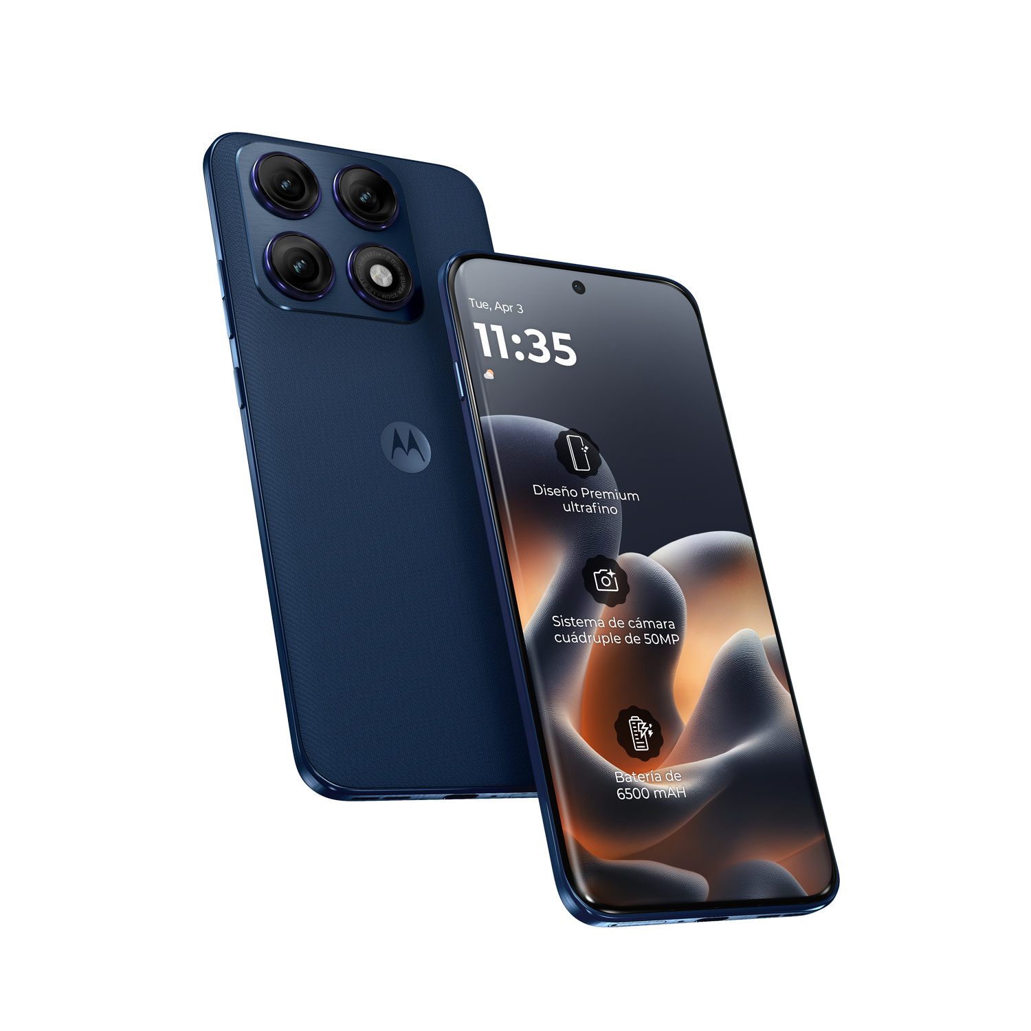 Un smartphone Motorola azul con cuatro cámaras y batería de 6500 mAh.