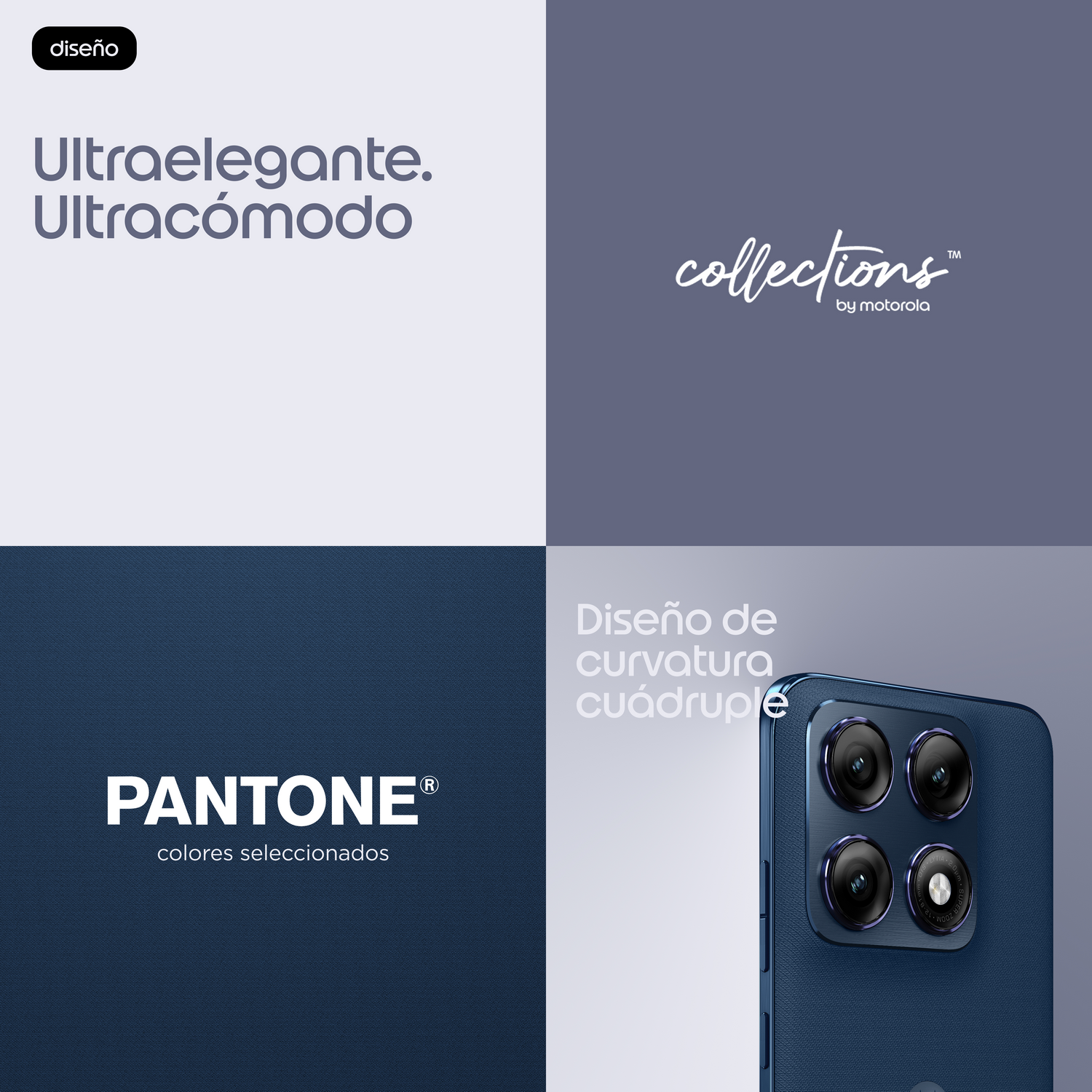 Diseño de cuádruple cámara en un teléfono azul con colores Pantone.