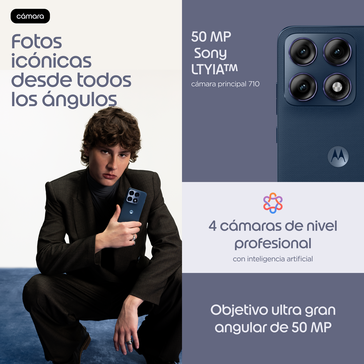Hombre con traje sostiene teléfono azul oscuro con 4 cámaras. Texto resalta cámara 50MP.