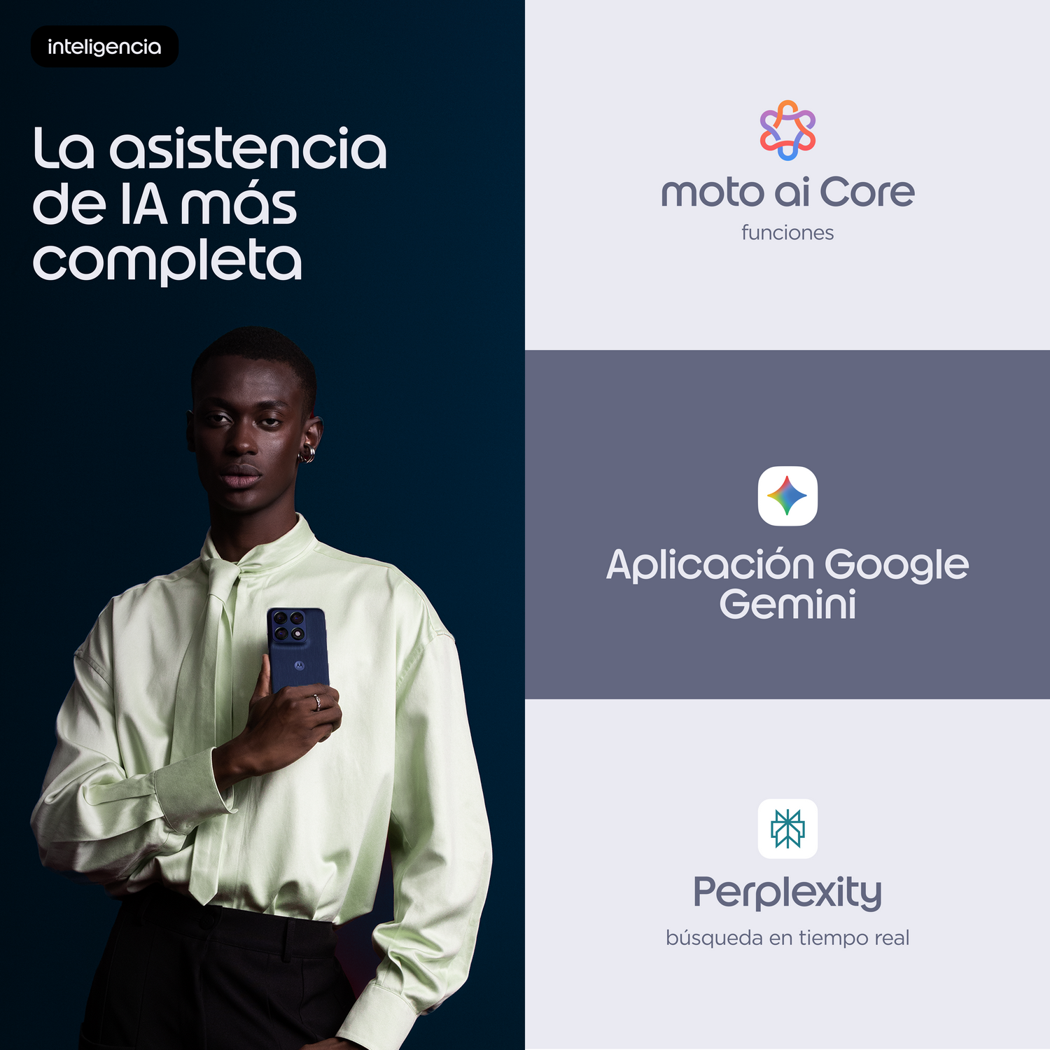Hombre con teléfono, logos de IA: Moto AI, Google Gemini, Perplexity.
