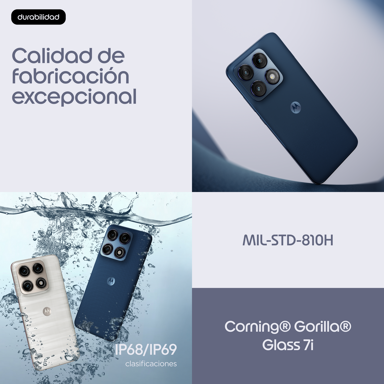 Dos teléfonos Motorola, uno azul, uno blanco, sumergidos en agua.