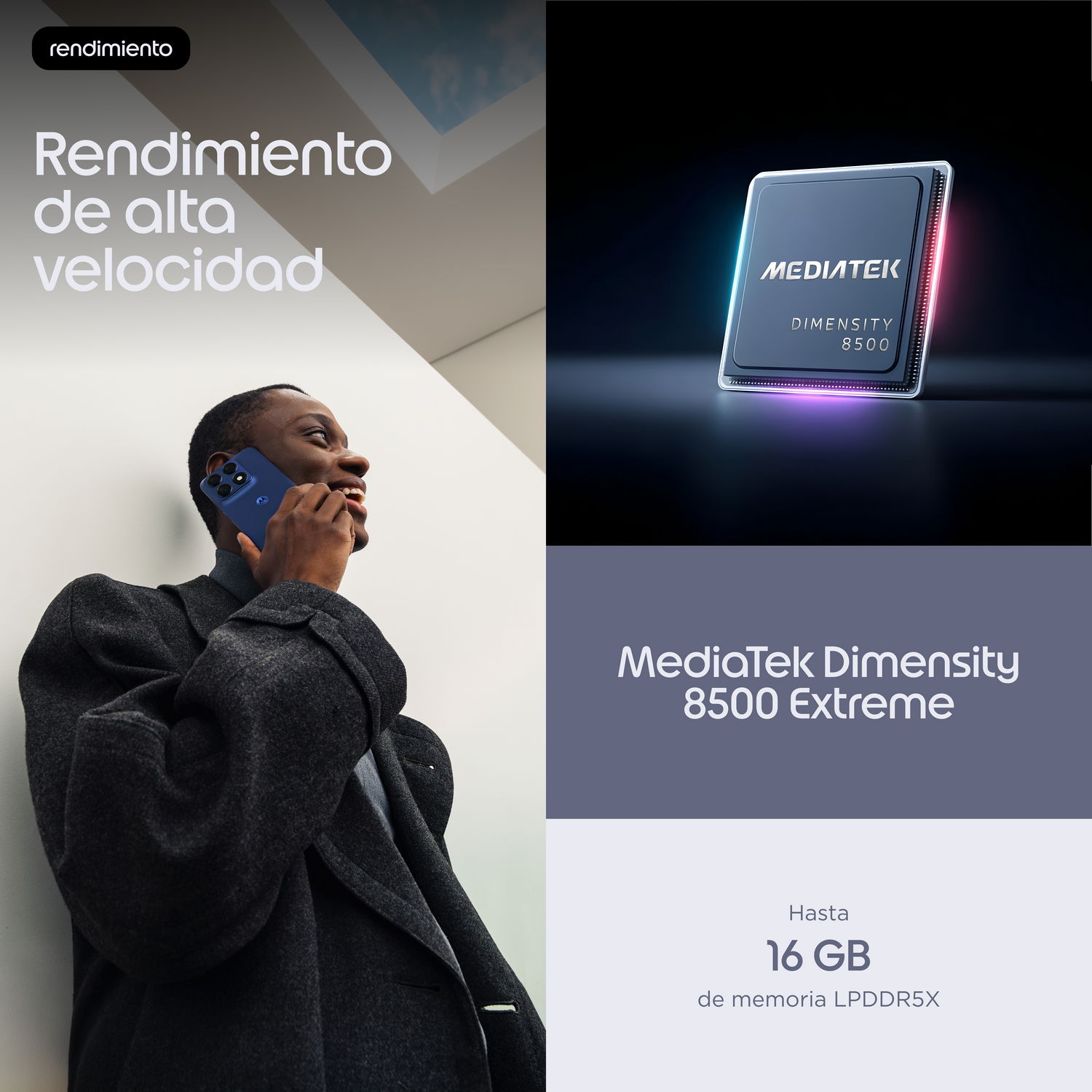 Hombre habla por teléfono azul junto a chip procesador Mediatek Dimensity 8500 Extreme.