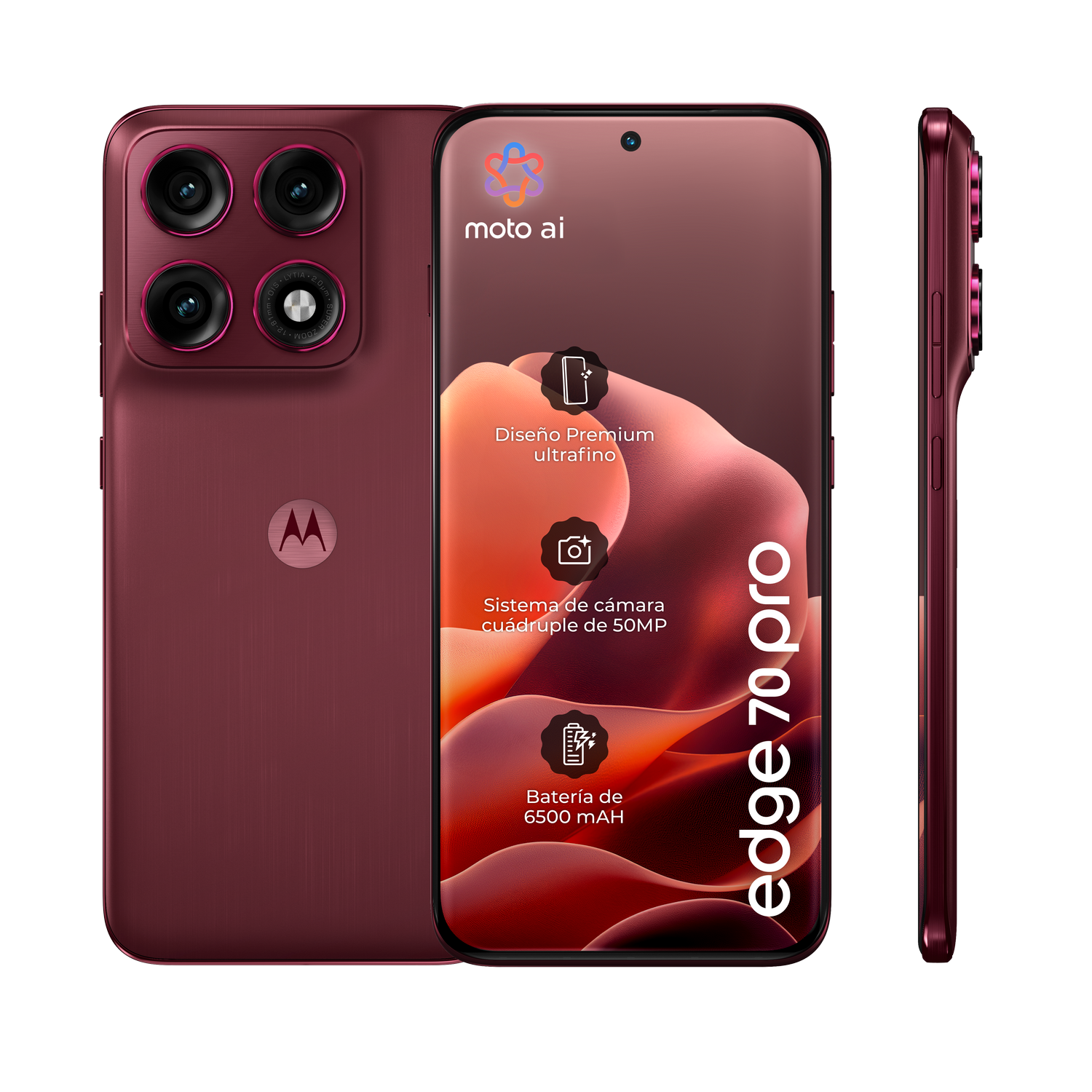 Teléfono Motorola rojo con cuatro cámaras y texto "edge 70 pro".