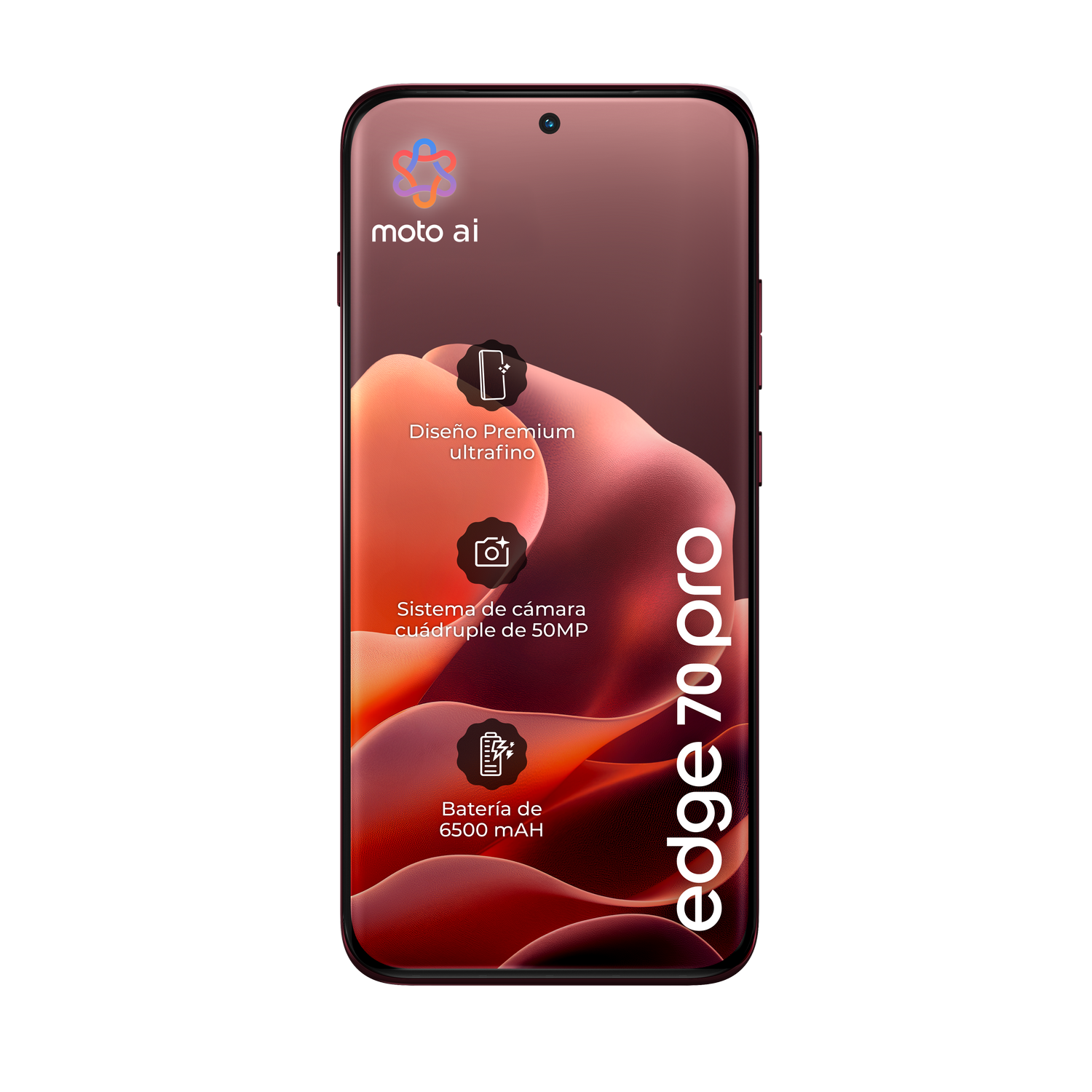 Un Motorola Edge 70 Pro rojo con Moto AI, cámara de 50MP y batería de 6500mAh.