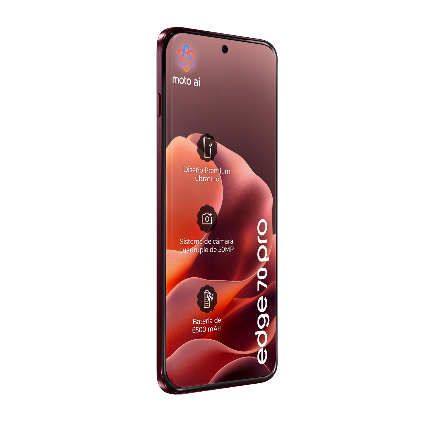 Un Motorola Edge 70 Pro rojo con Moto AI, cámara triple y batería de 6500mAh.