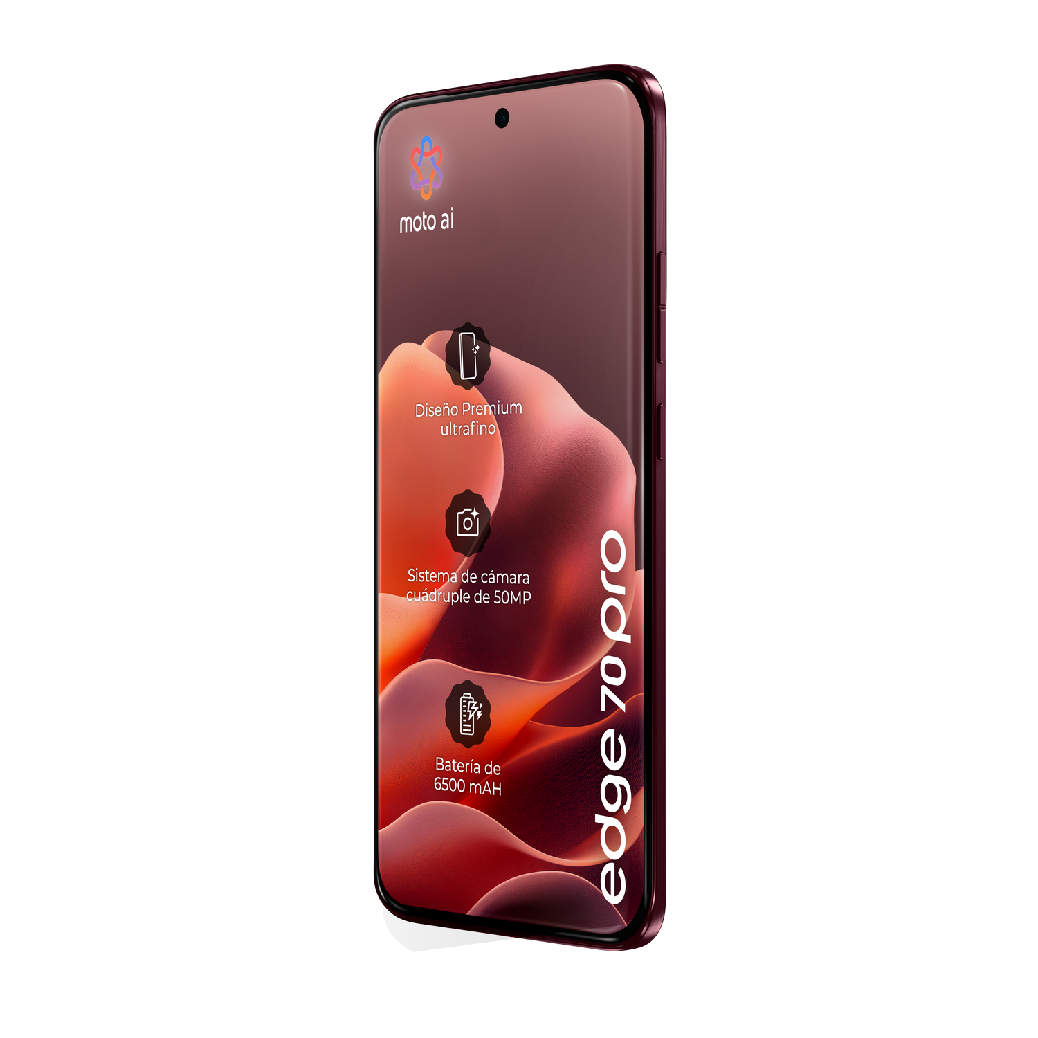 Un smartphone rojo con texto "edge 70 pro" e iconos de diseño, cámara y batería.