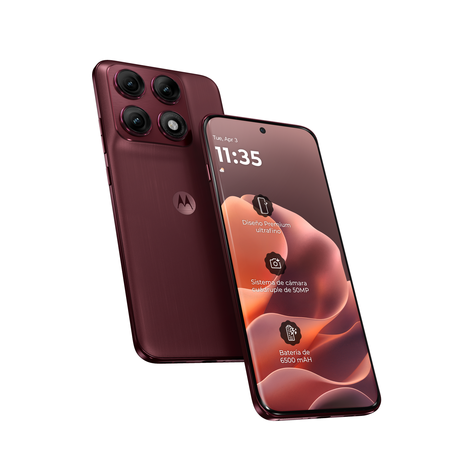 Un teléfono inteligente rojo con cuatro cámaras y un logo de Motorola.