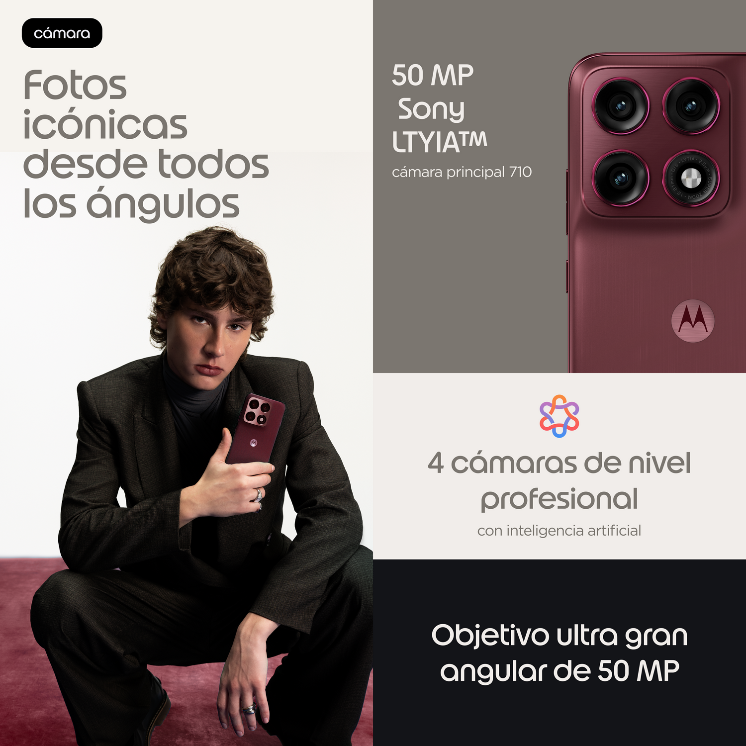 Hombre sosteniendo un teléfono con cuatro cámaras profesionales.
