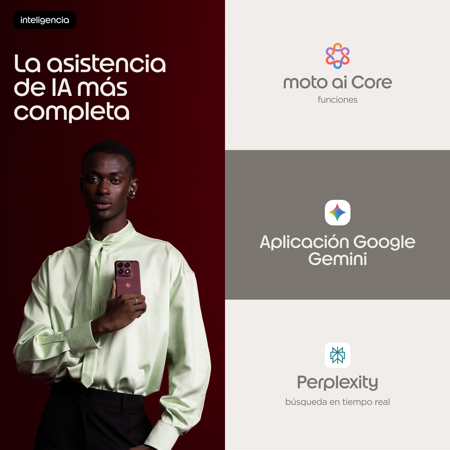 Hombre sostiene teléfono, junto a texto sobre funciones de IA: Moto AI Core, Google Gemini, Perplexity.