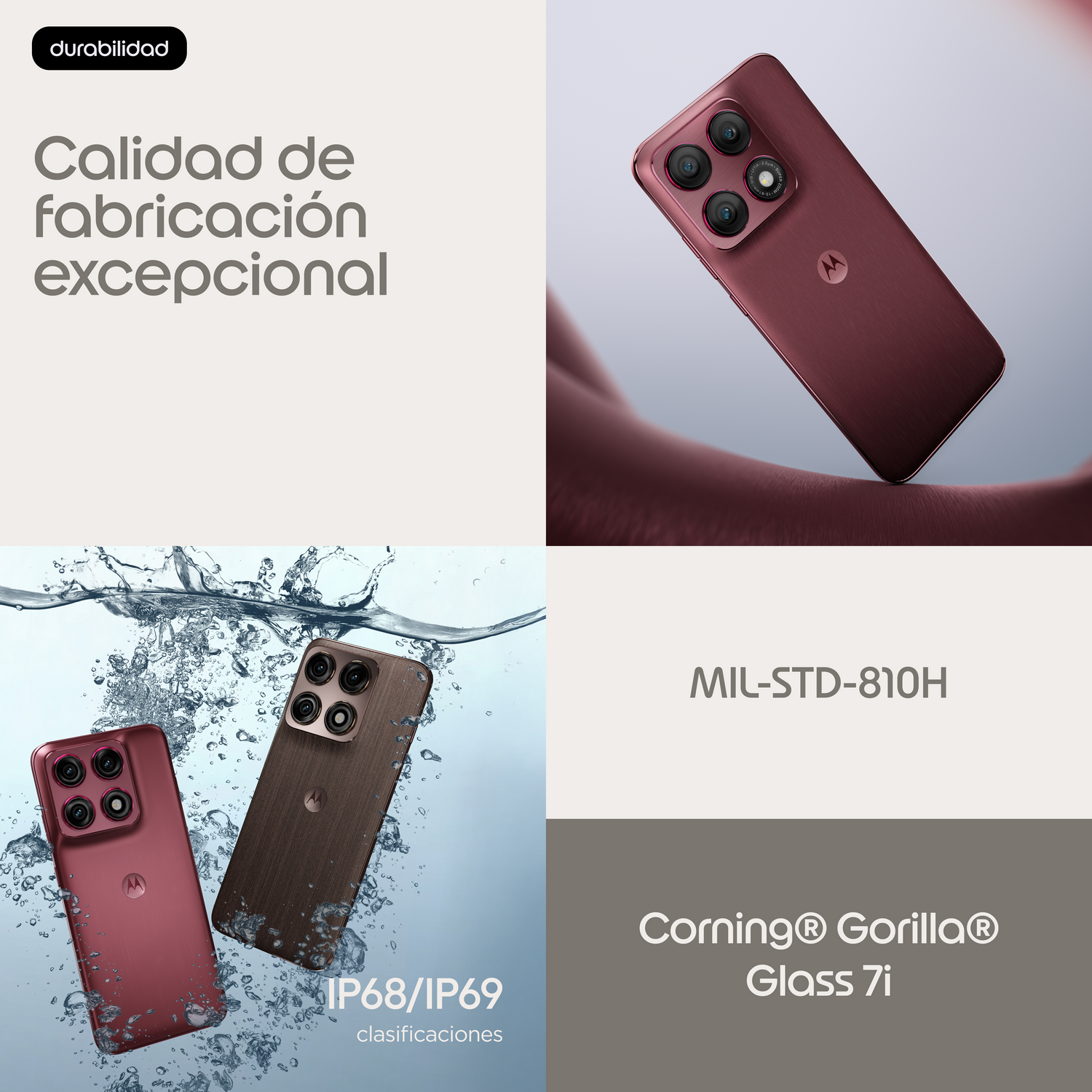 Dos teléfonos Motorola, rojo y marrón, en agua. MIL-STD-810H, IP68/IP69.