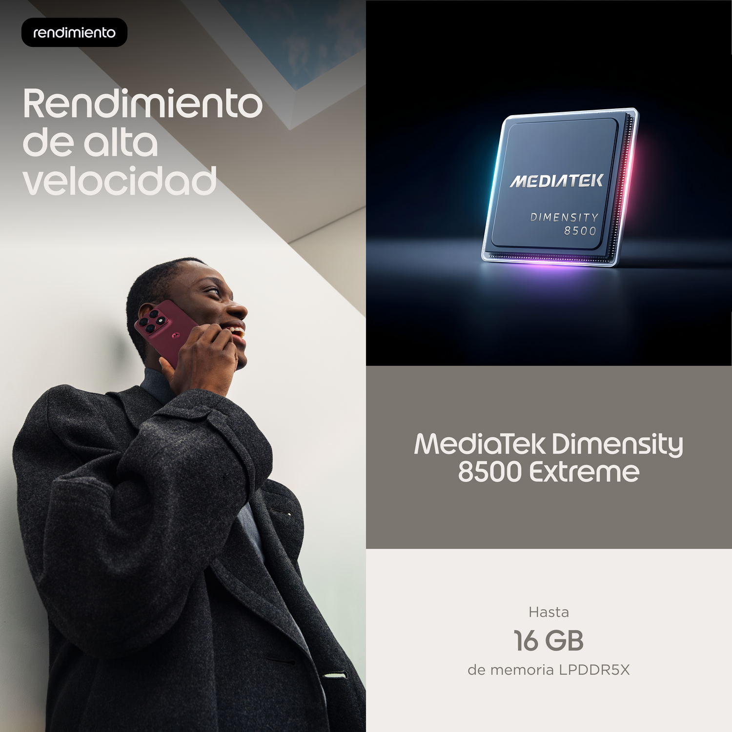 Hombre habla por teléfono junto a chip MediaTek Dimensity 8500.