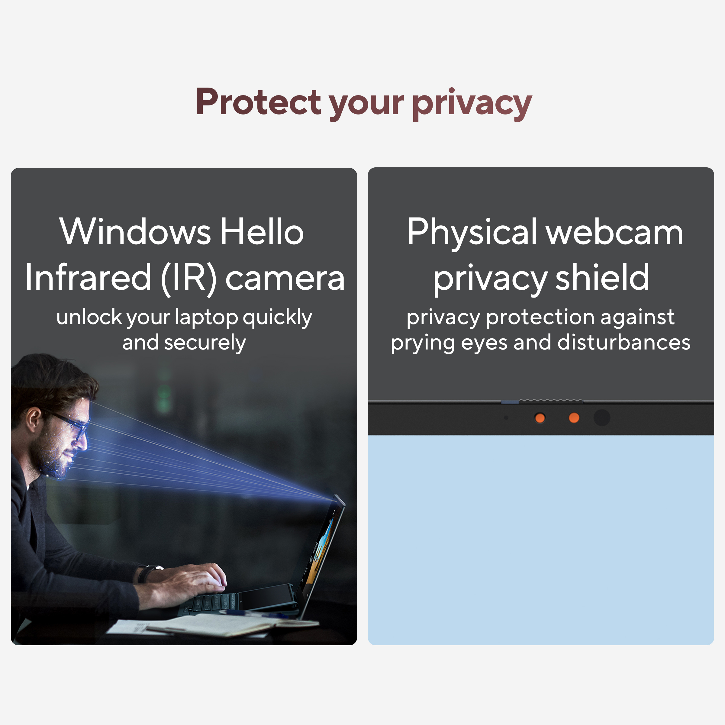 Man gebruikt laptop met IR-camera, fysieke webcamcover met lampjes.