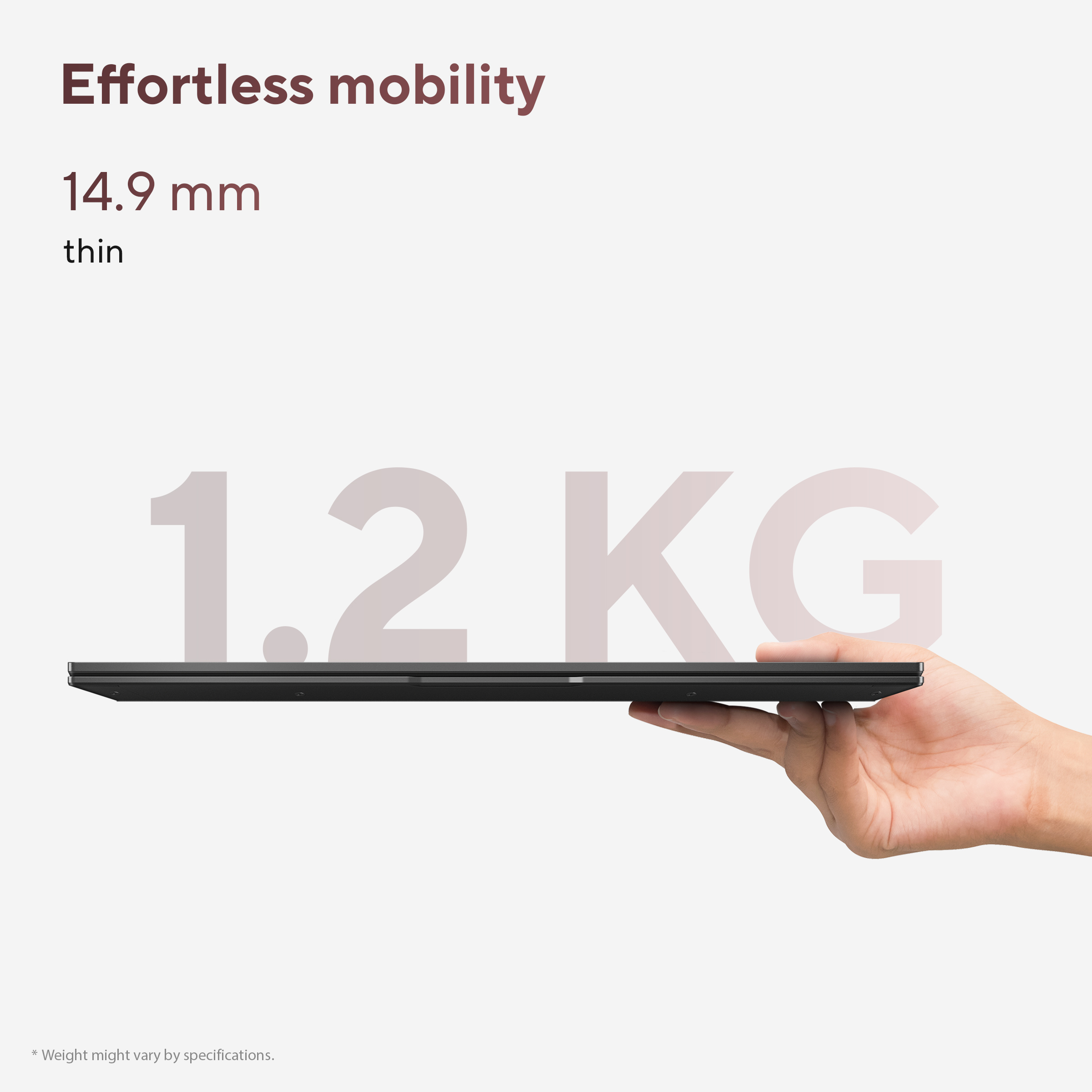 Een hand houdt een dunne, zwarte laptop vast in profiel. "1.2 KG" wordt groot weergegeven.