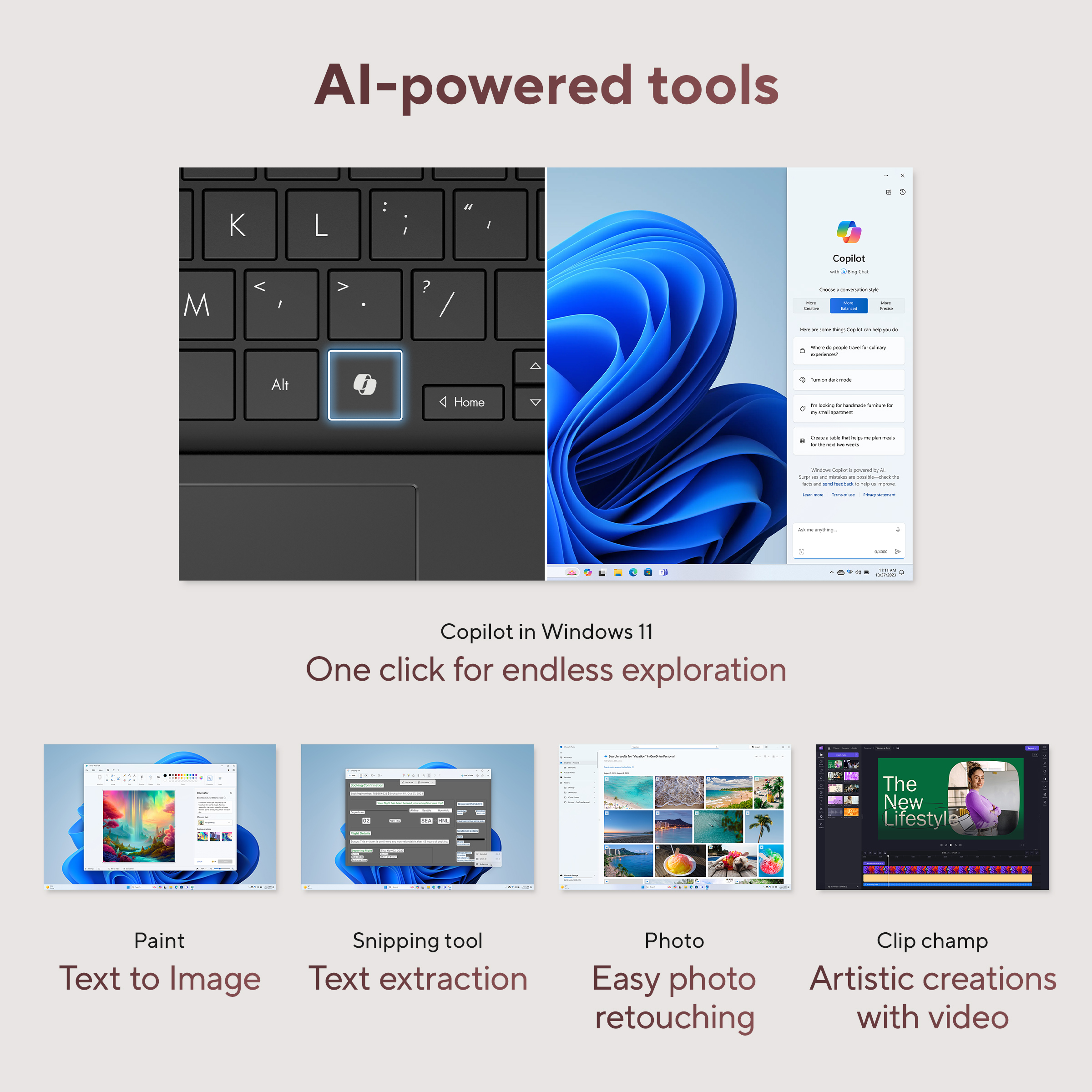 AI-gestuurde tools: toetsenbord, Copilot, Paint, Knipprogramma, Foto en Clipchamp.
