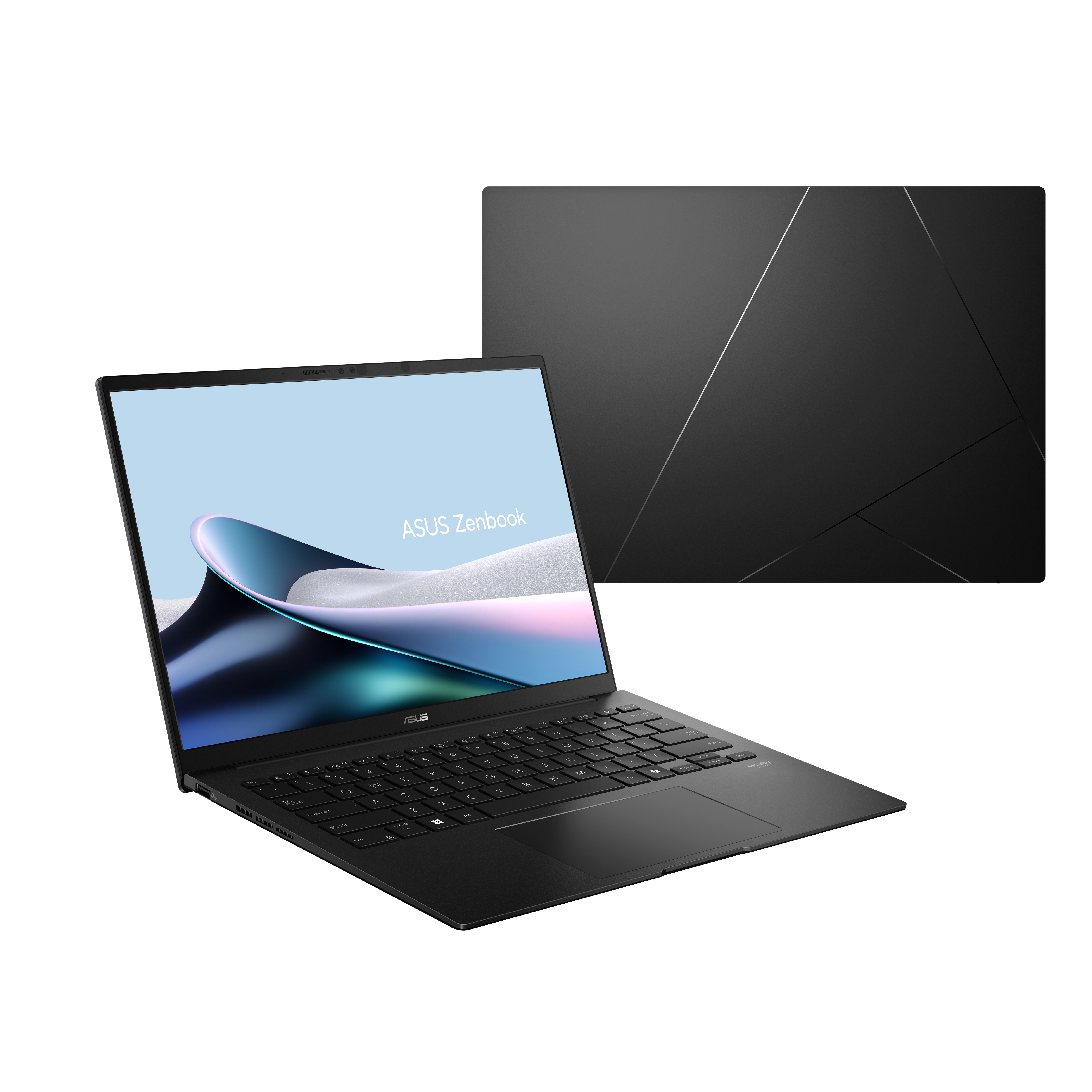 Zwarte Asus Zenbook laptop met toetsenbord en scherm, met abstracte kunst.
