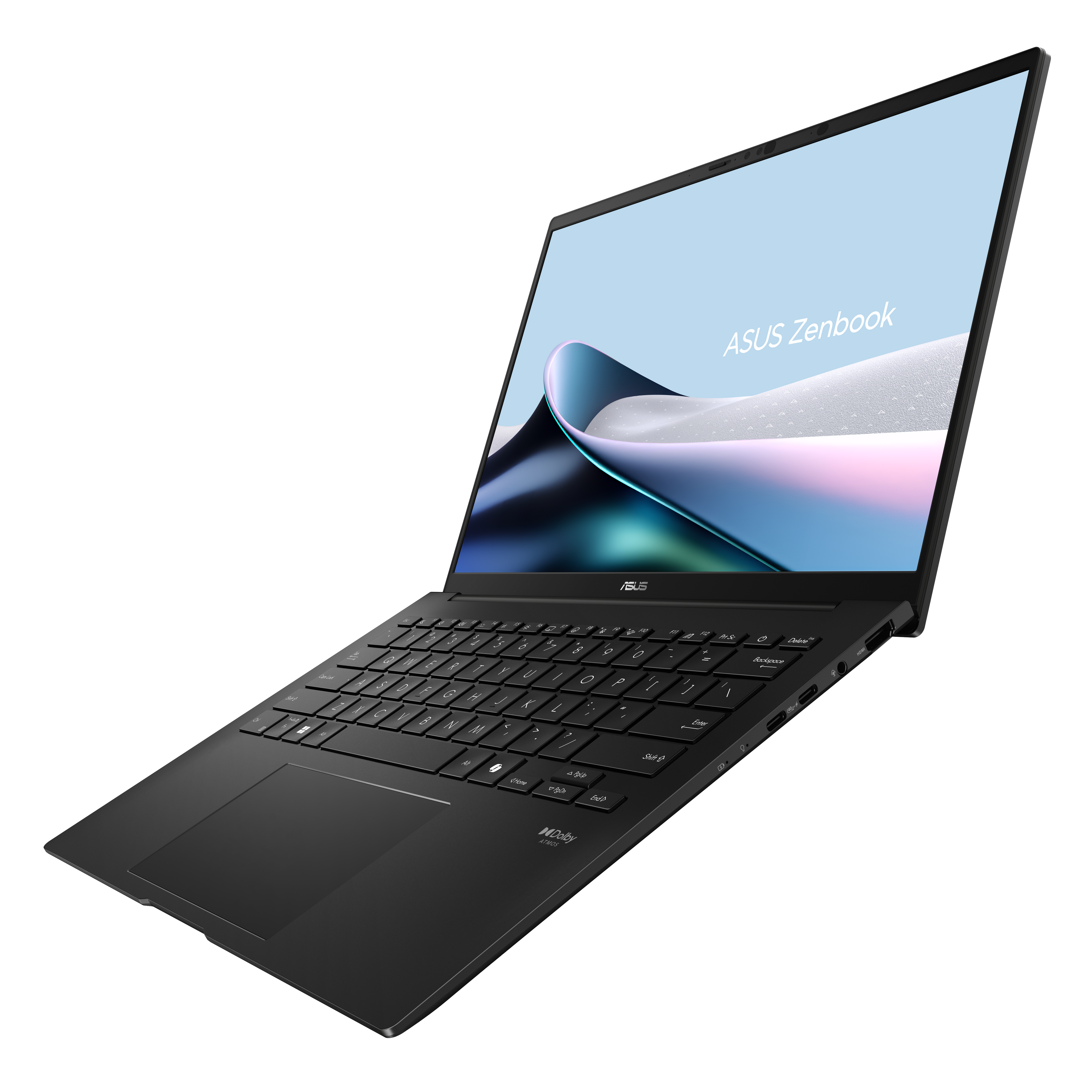 Zwarte ASUS Zenbook laptop, open, met toetsenbord en scherm met abstracte kunst.