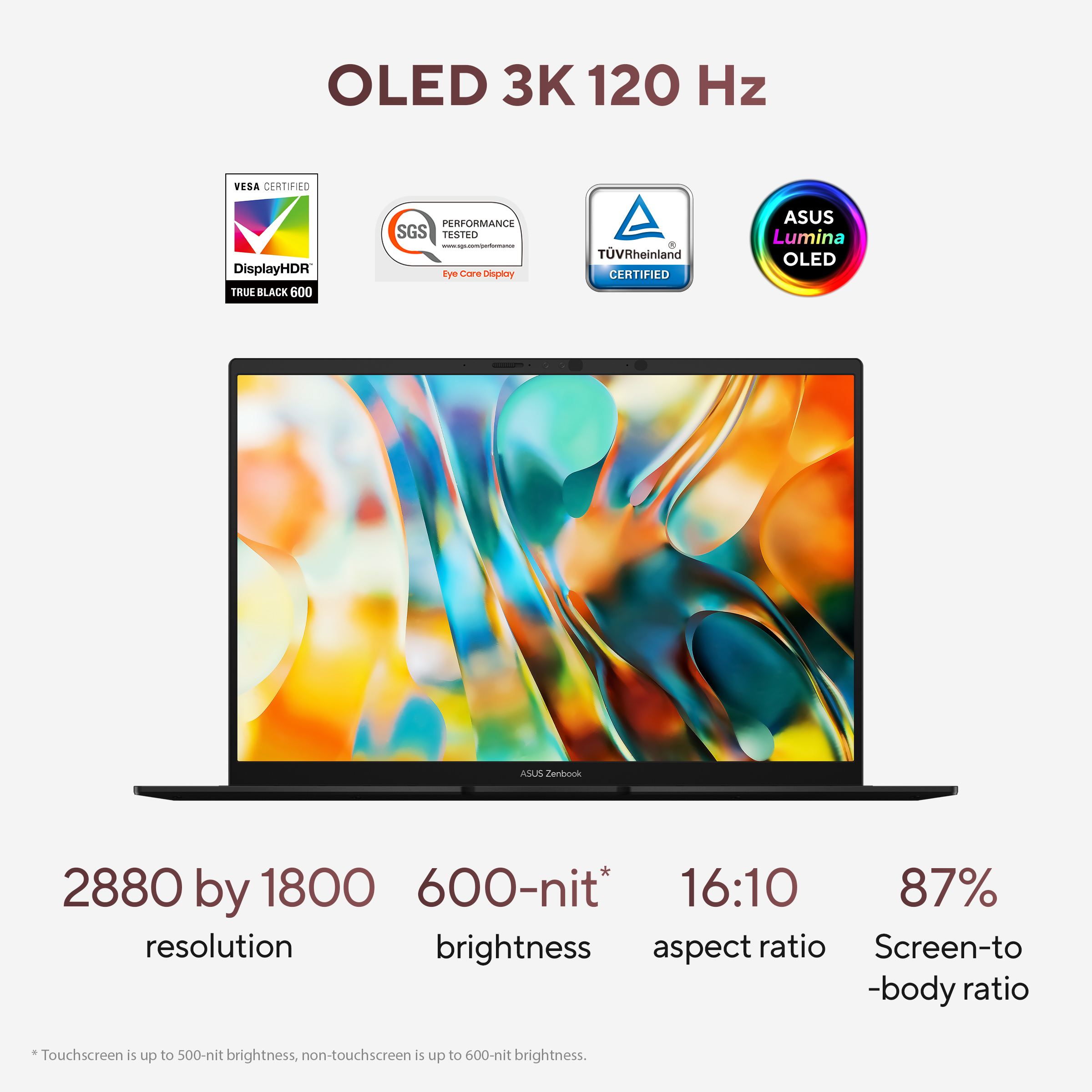 Een zwarte Asus Zenbook laptop met een kleurrijke abstracte achtergrond.