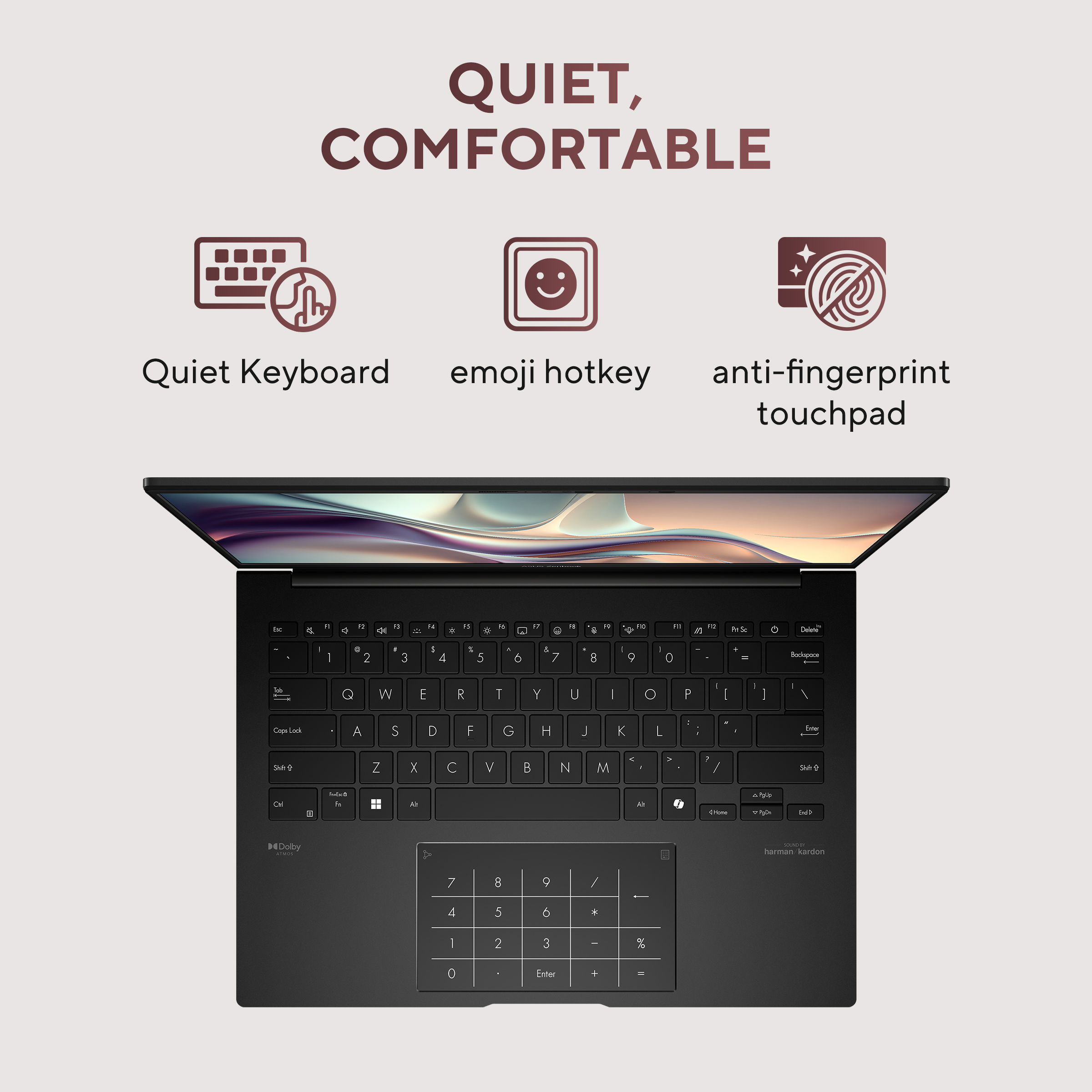 Een zwarte laptop met een verlicht toetsenbord en touchpad. Boven staan pictogrammen voor toetsenbord, emoji en touchpad.