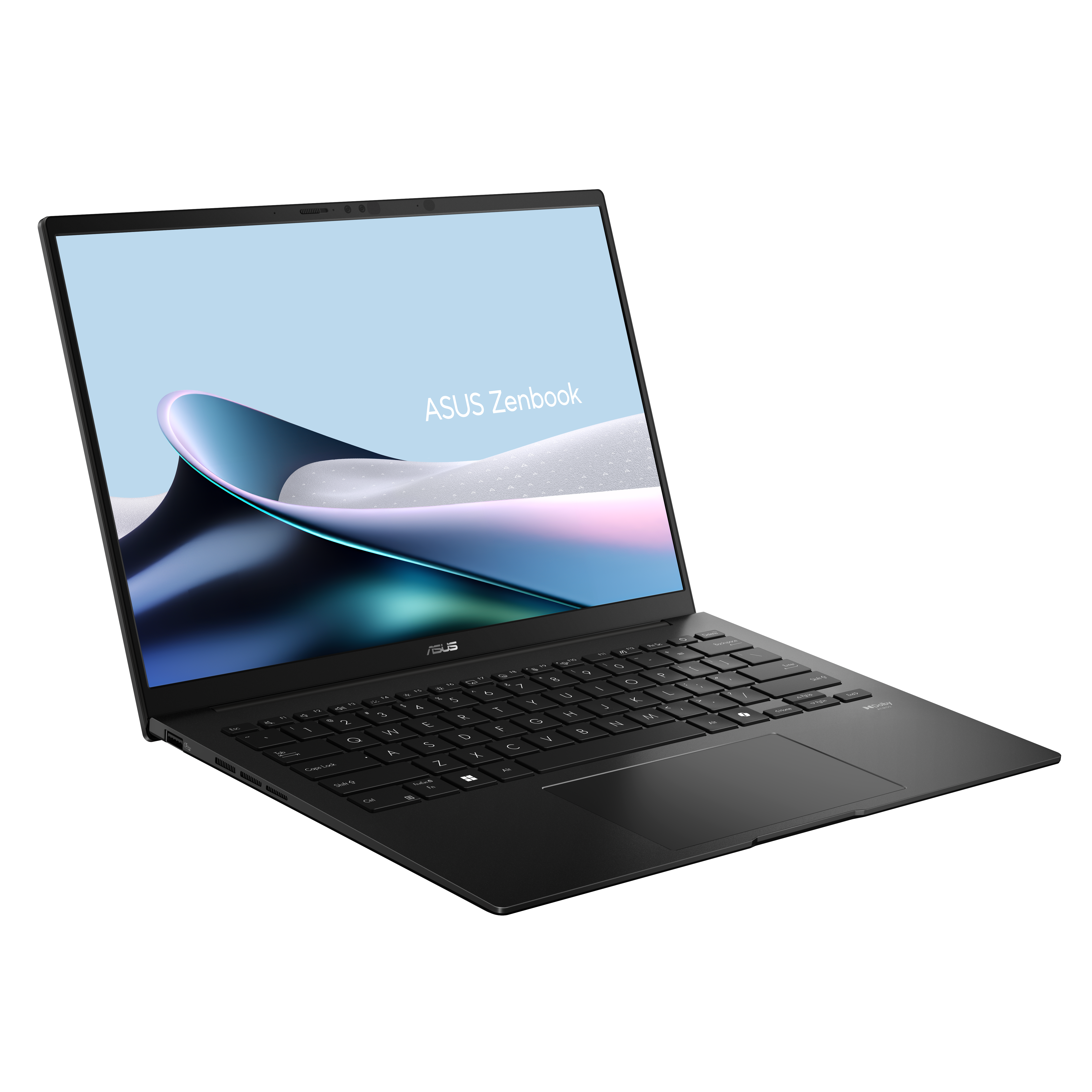 Zwarte Asus Zenbook laptop met verlicht toetsenbord en abstracte achtergrond.